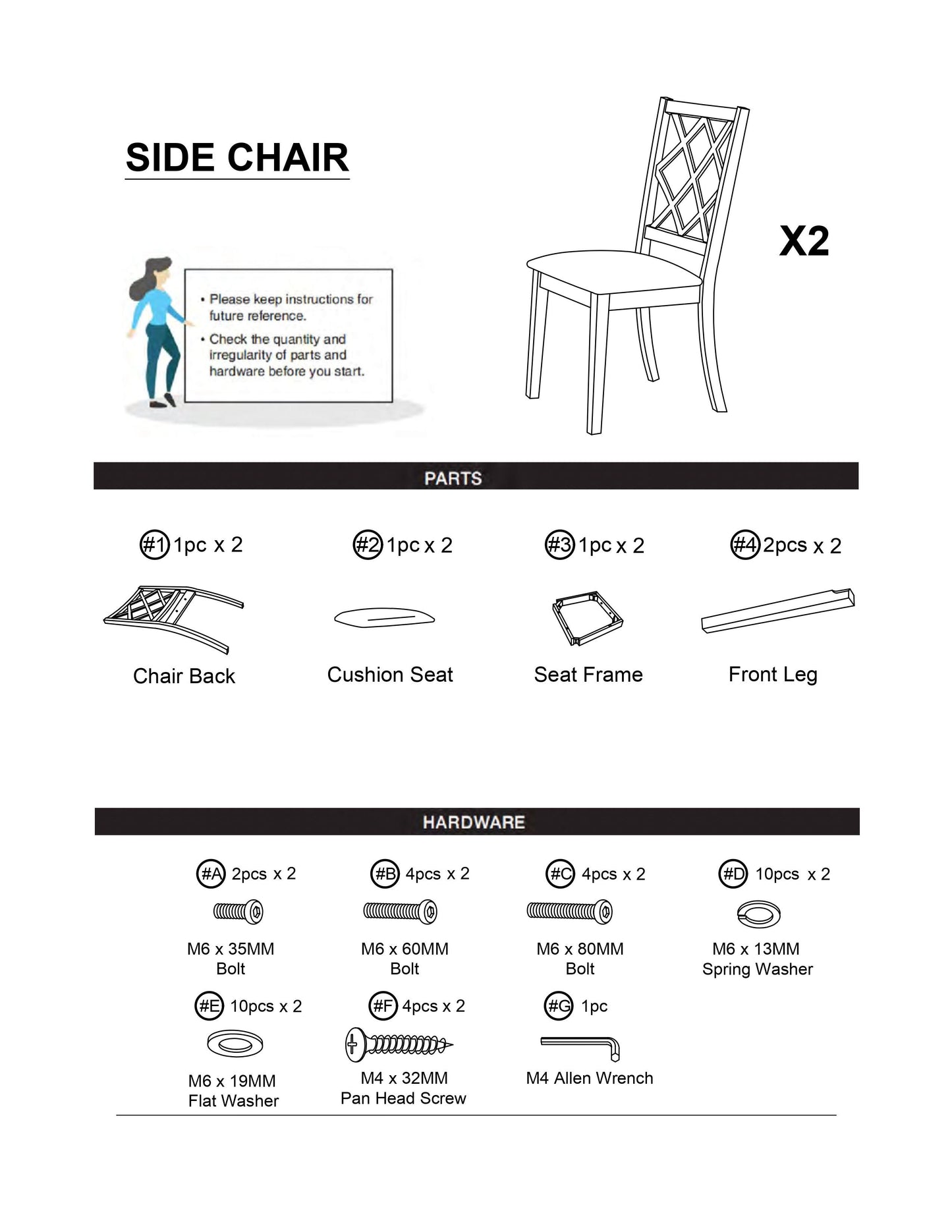 Line drawing of a side chair with a diamond pattern backrest labeled SIDE CHAIR X