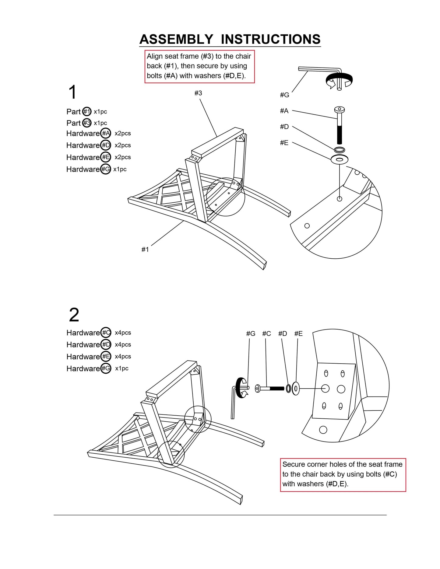 Diagram showing assembly of chair seat frame  to chair back  using hardware A D E