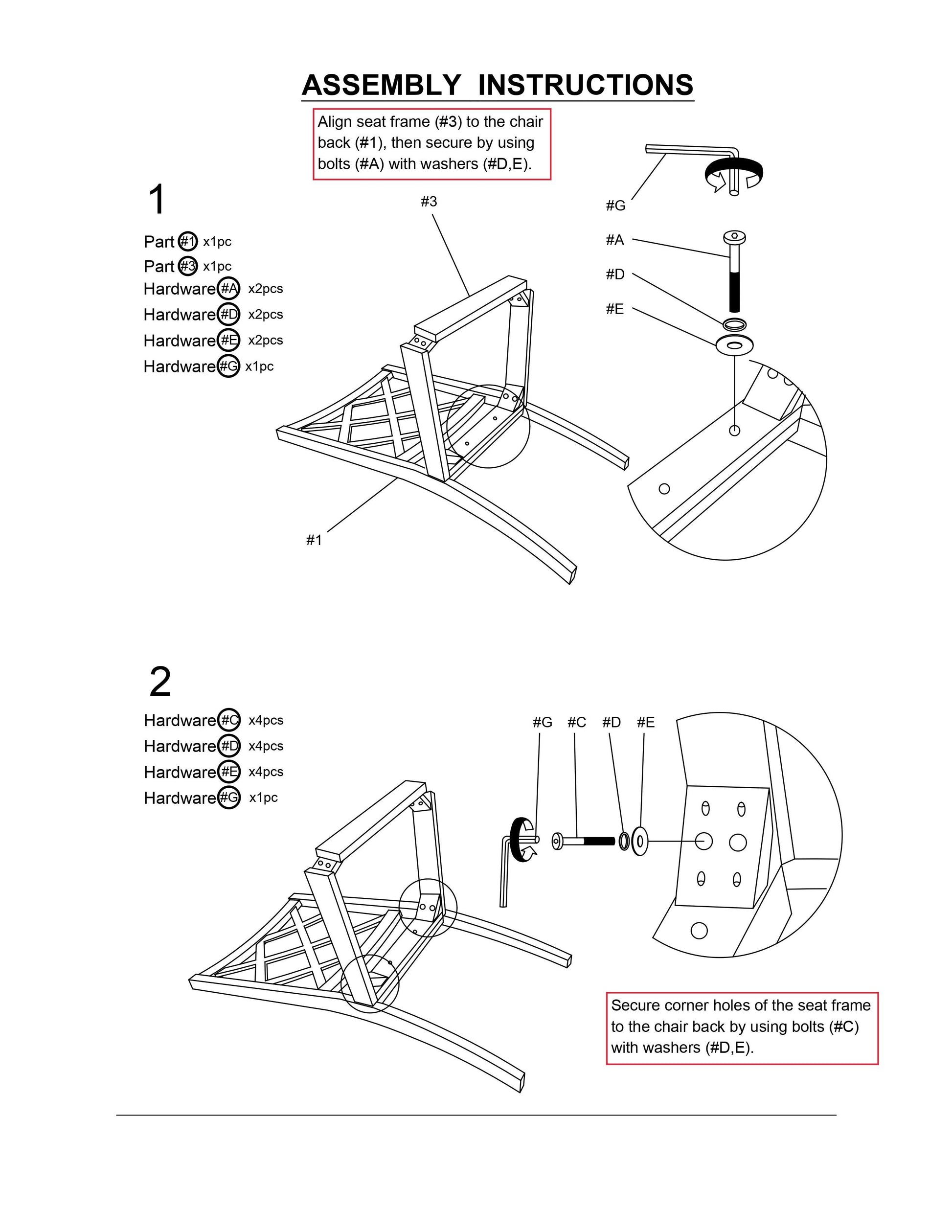 Diagram showing assembly of chair seat frame  to chair back  using hardware A D E