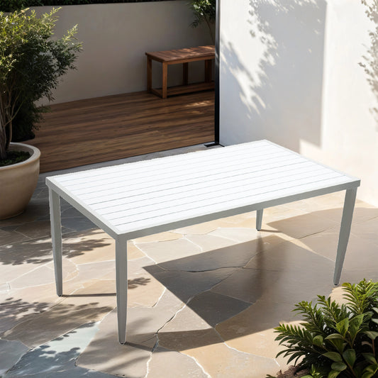 White slatted aluminum patio dining table with modern design
