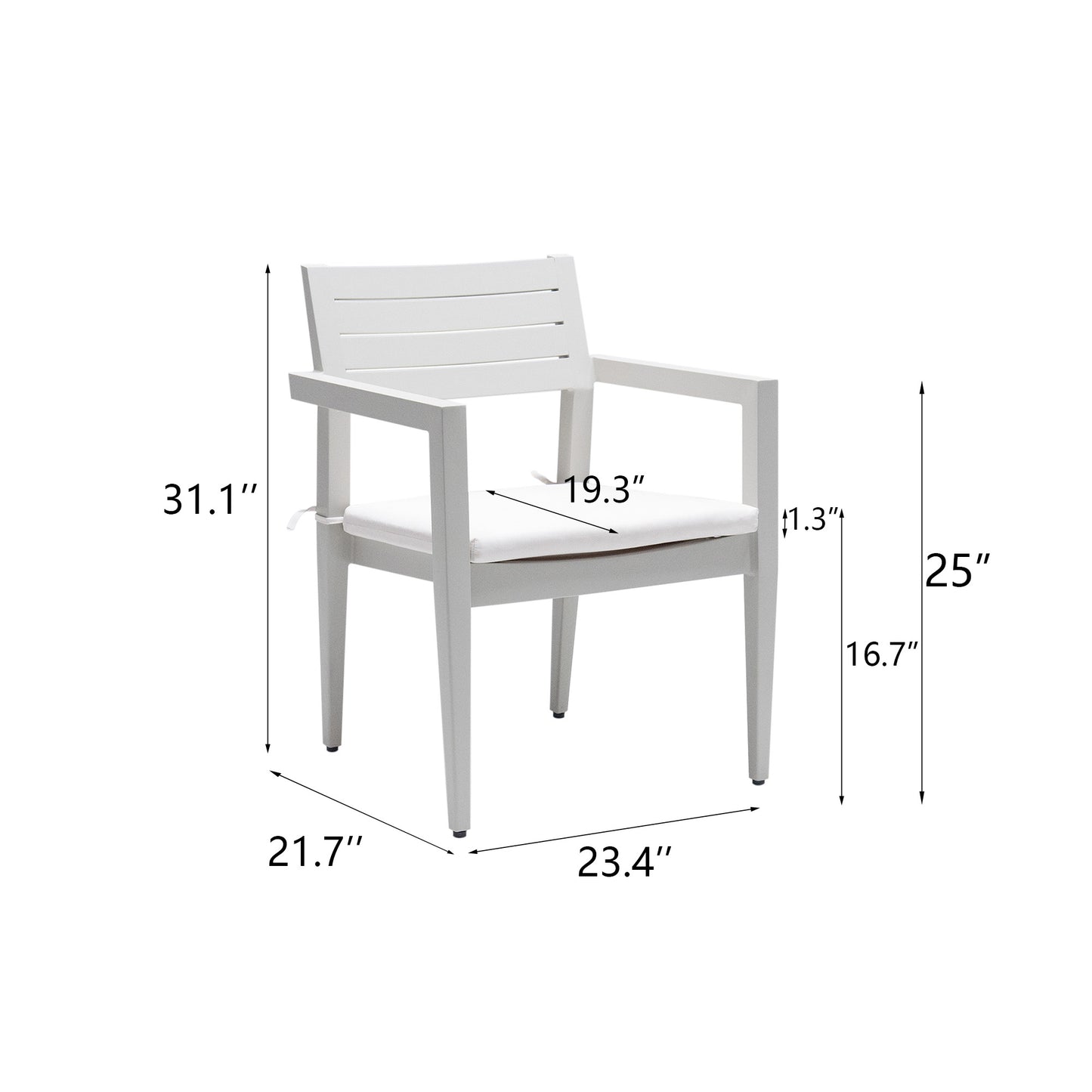 White modern armchair with slatted back and white cushion outdoor furniture