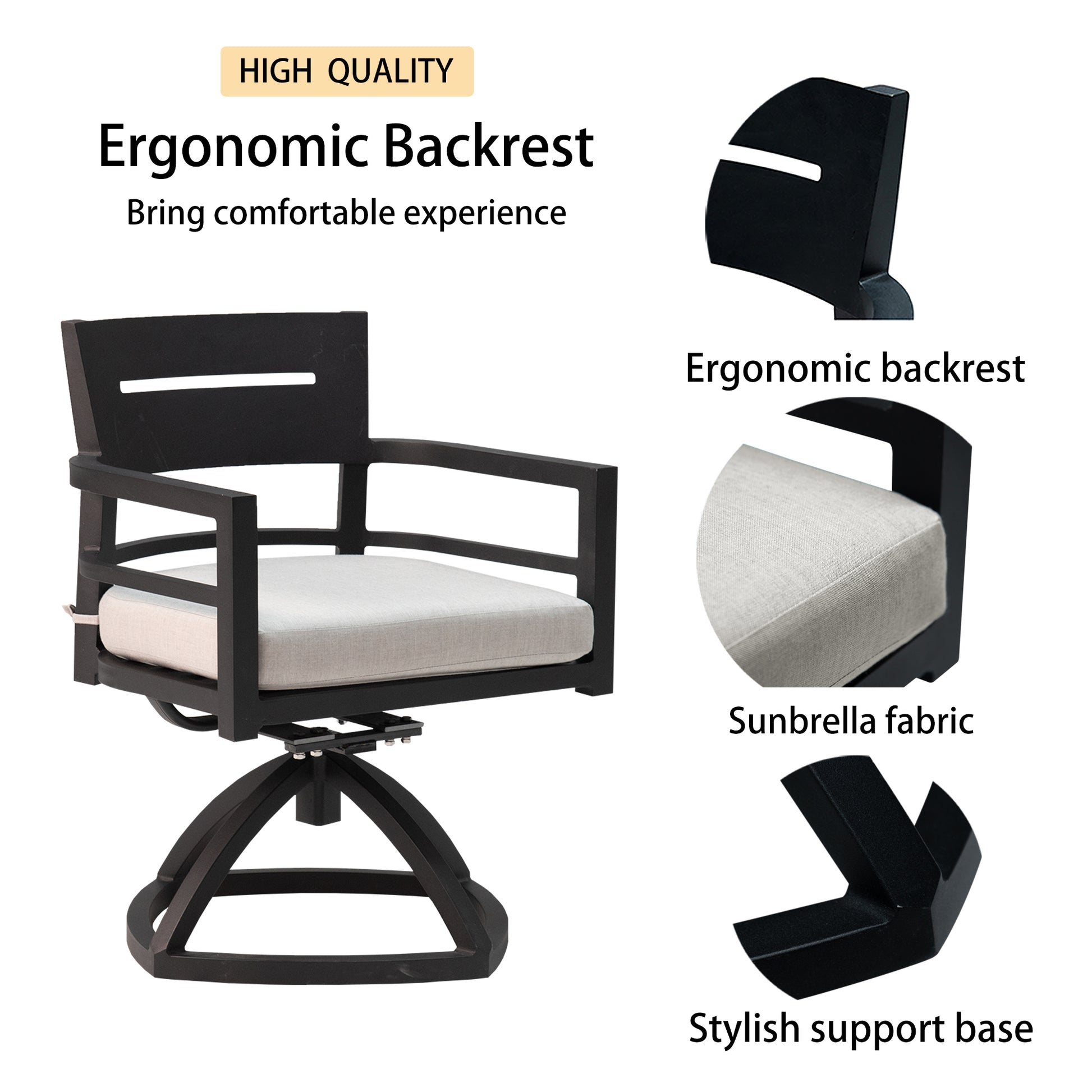 Black swivel patio chair with grey Sunbrella cushion and ergonomic backrest