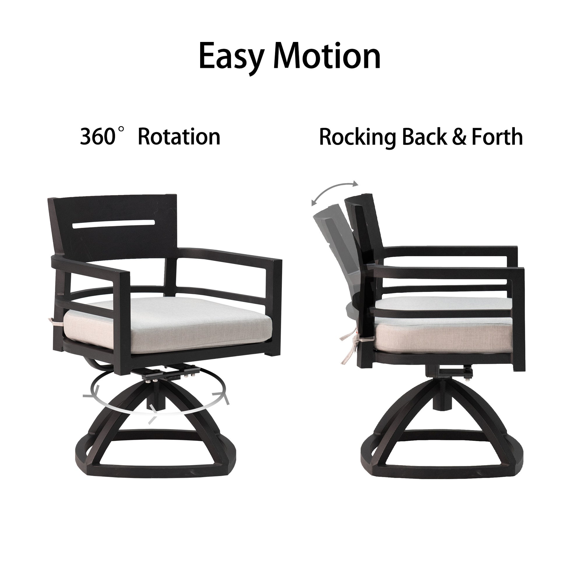Black metal patio chair with beige cushion showing degree swivel feature