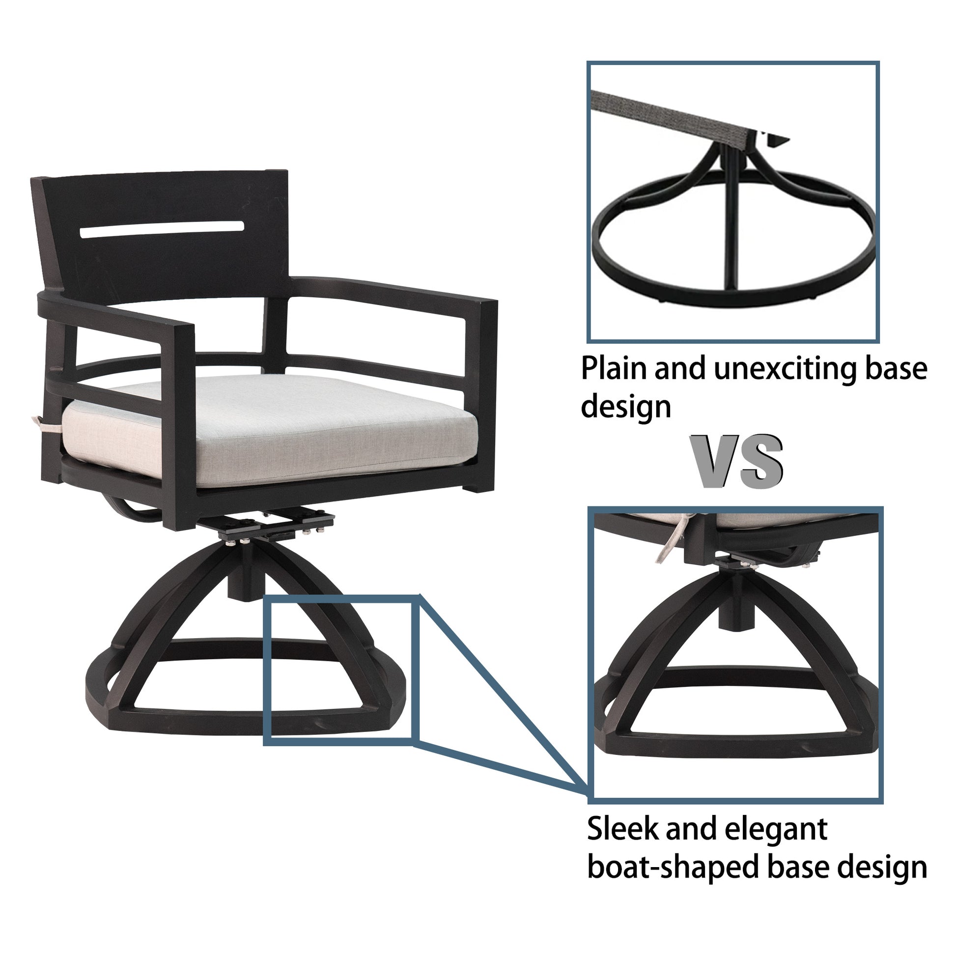 Black swivel patio chair with upholstered seat and boatshaped base