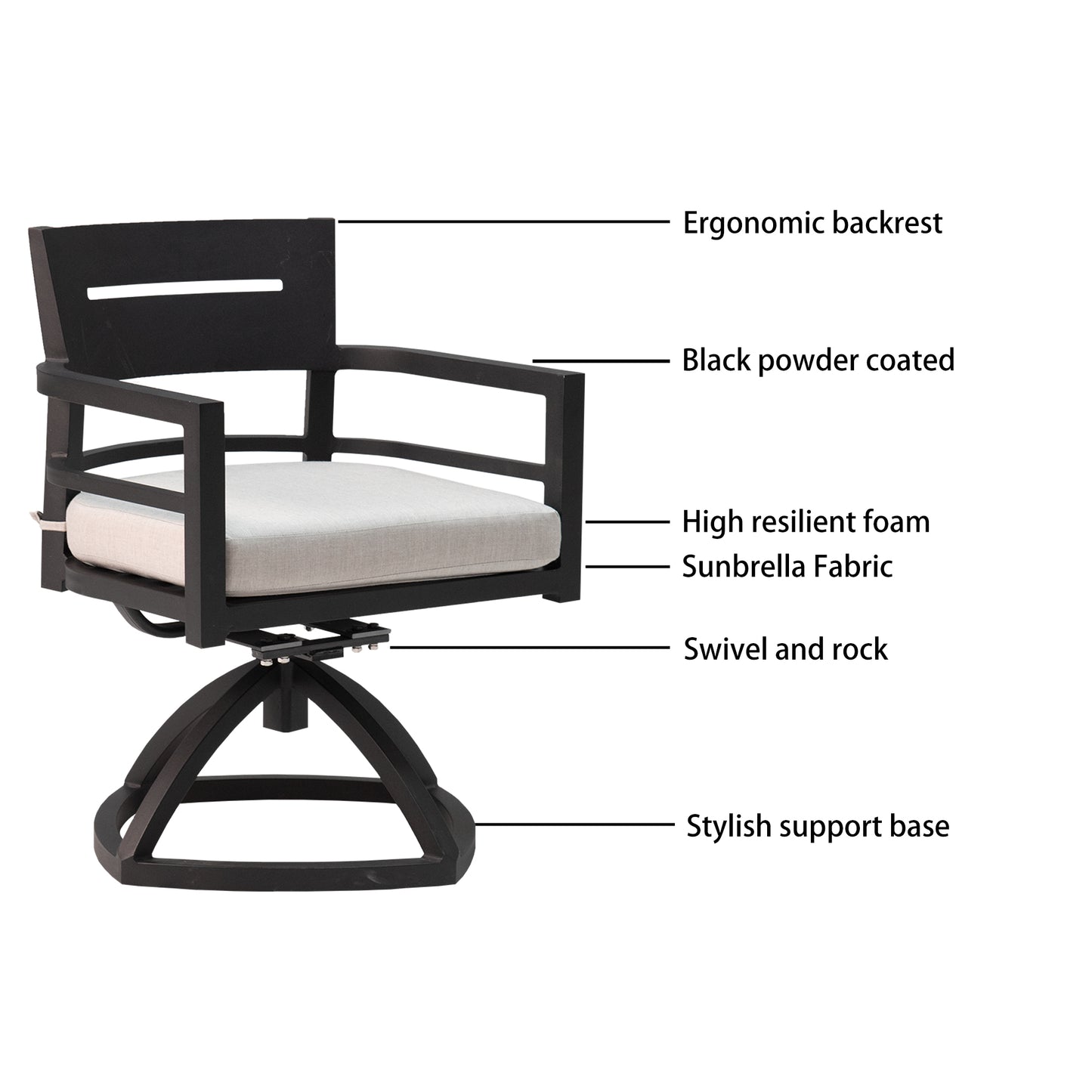 Black powder coated swivel patio chair with light gray Sunbrella cushion