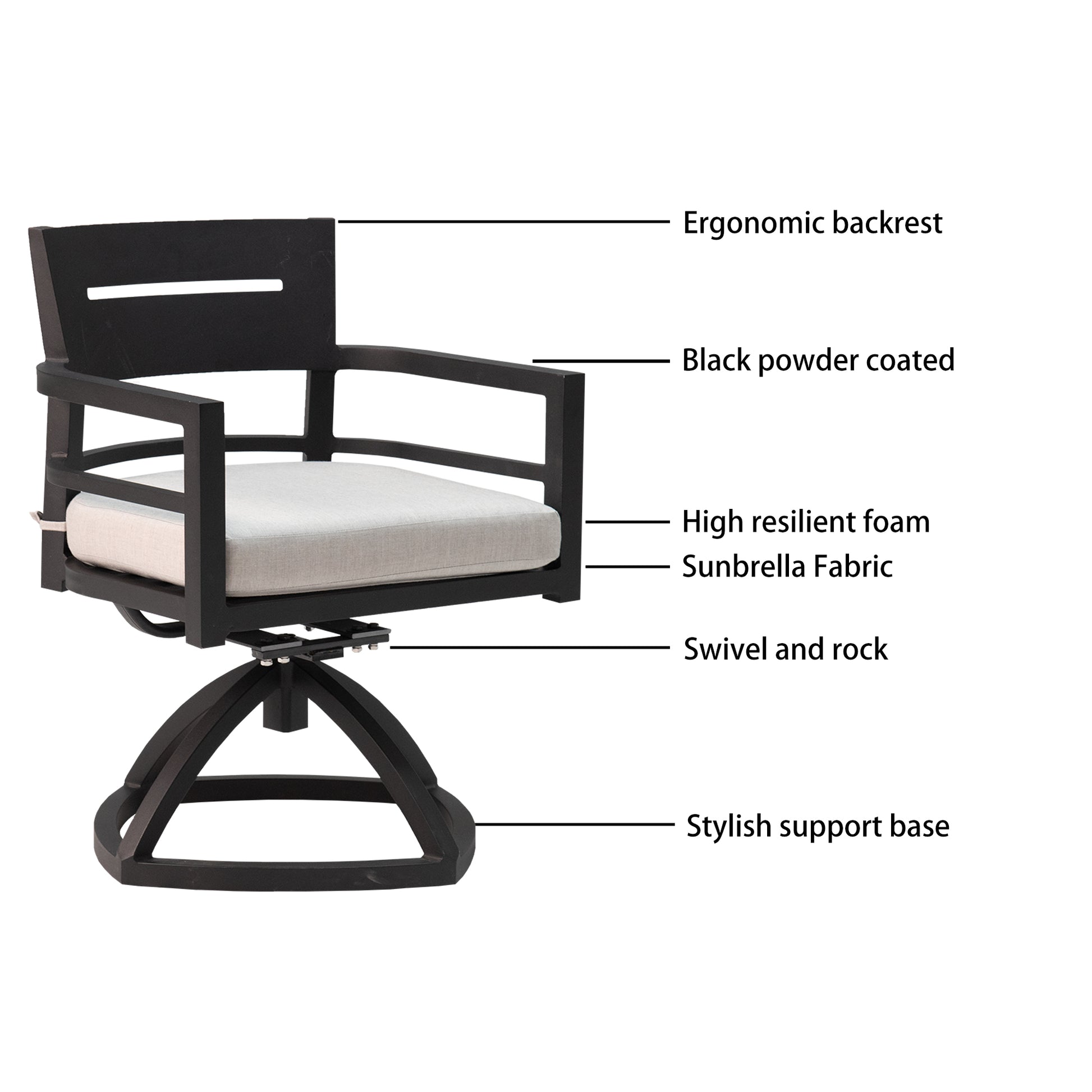 Black powder coated swivel patio chair with light gray Sunbrella cushion