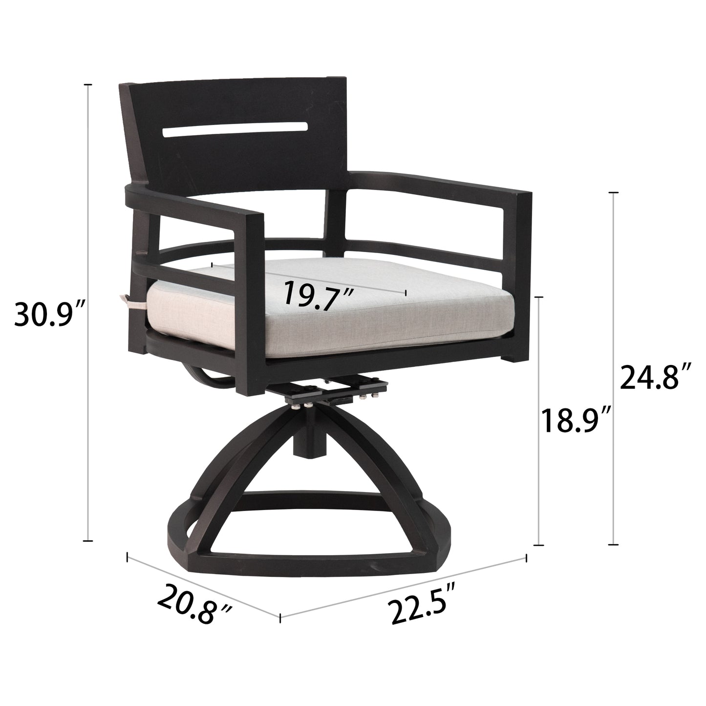 Black metal swivel patio chair with light gray cushioned seat