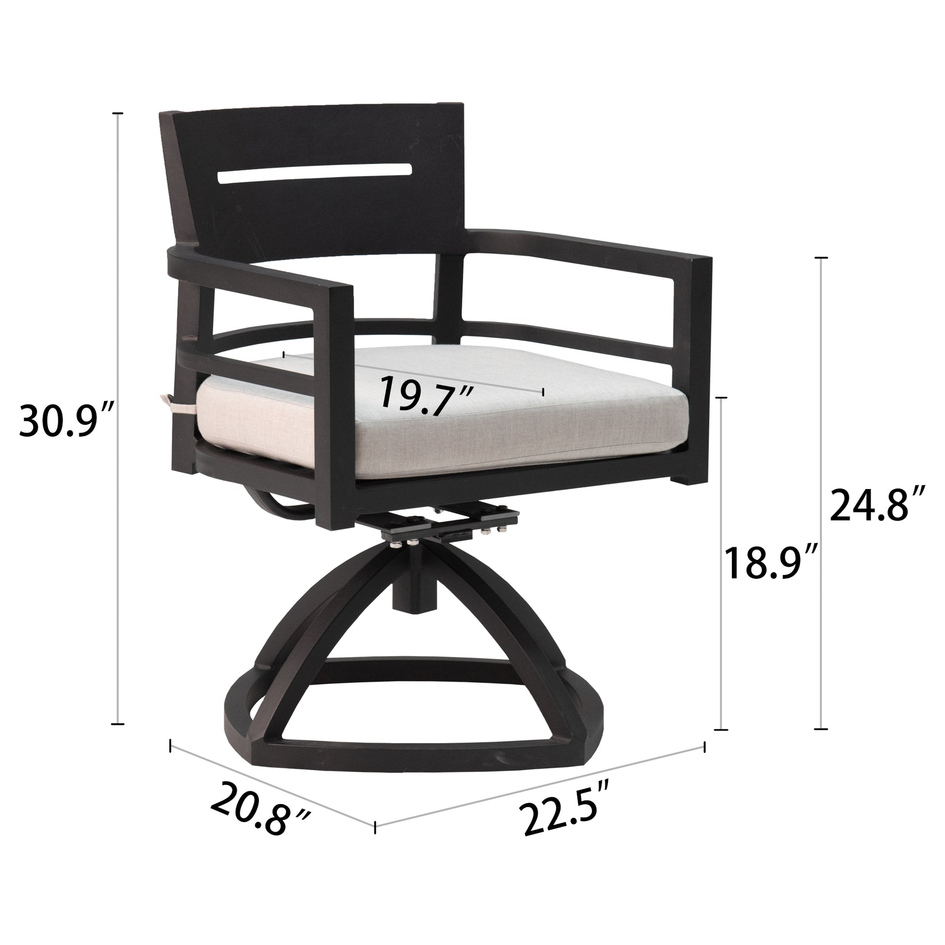 Black metal swivel patio chair with light gray cushioned seat