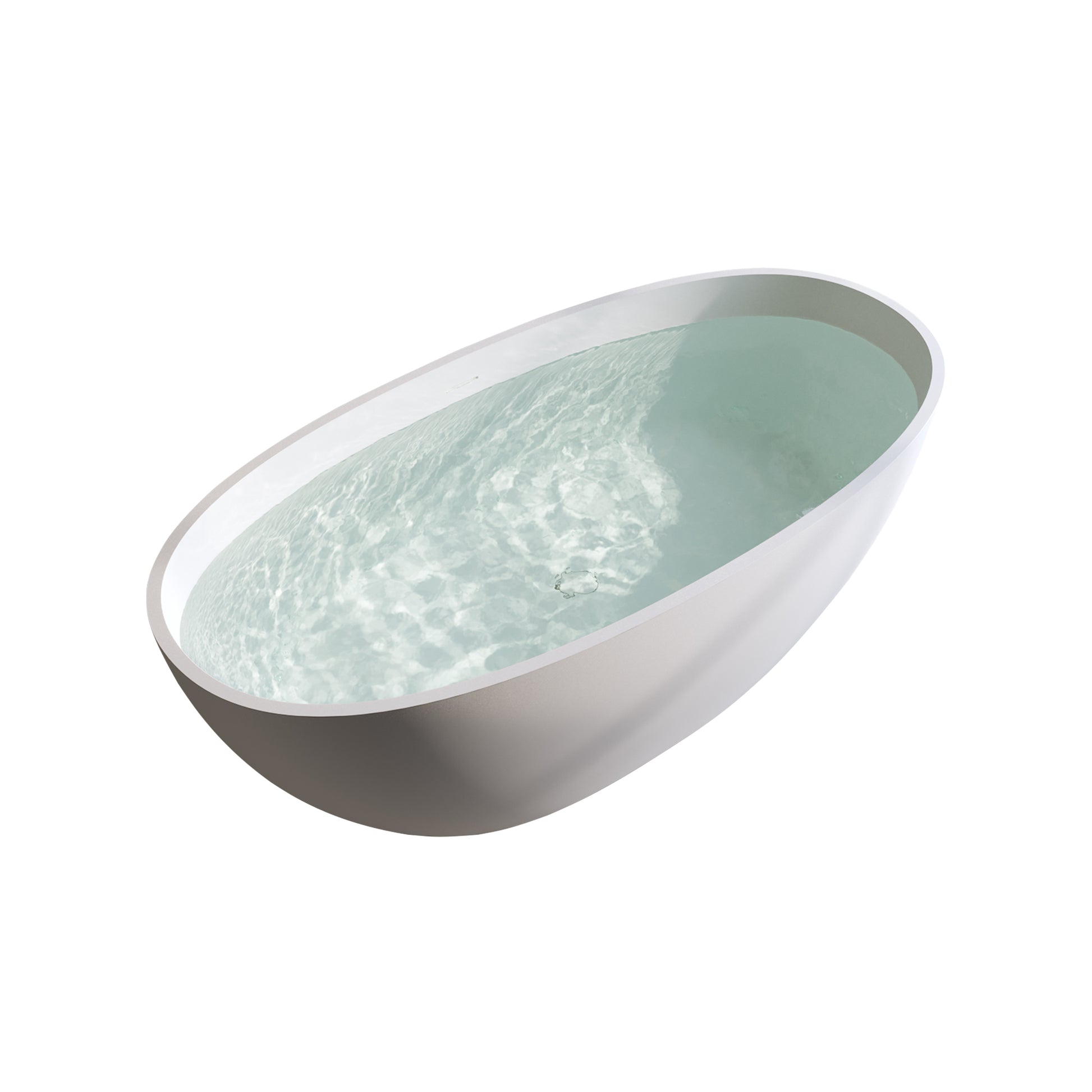 Modern oval freestanding bathtub filled with clear water sleek white finish