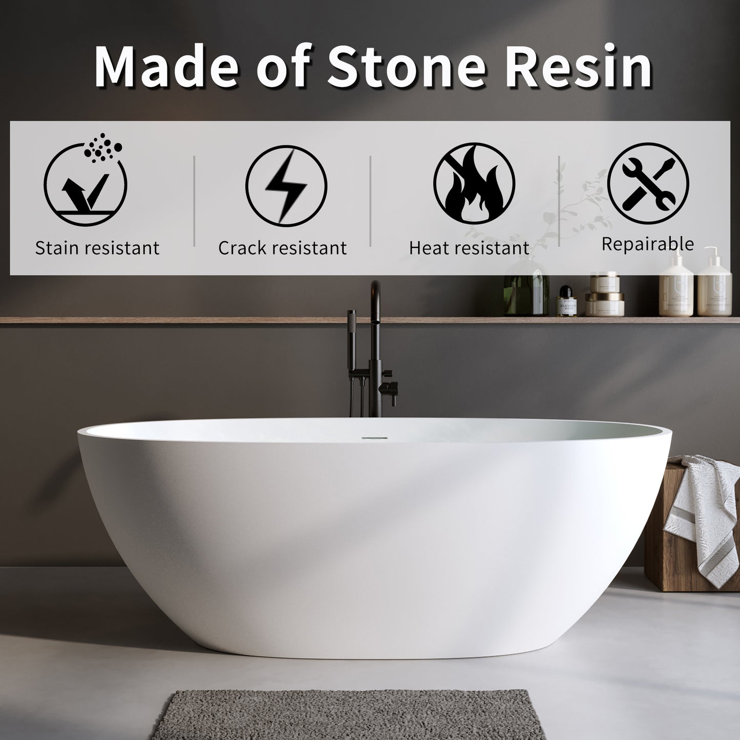 Freestanding bathtub made of durable stone resin stain resistant and repairable