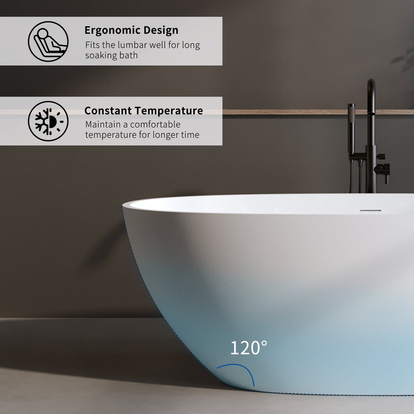 Modern white freestanding soaking tub with ergonomic design for comfortable bathing