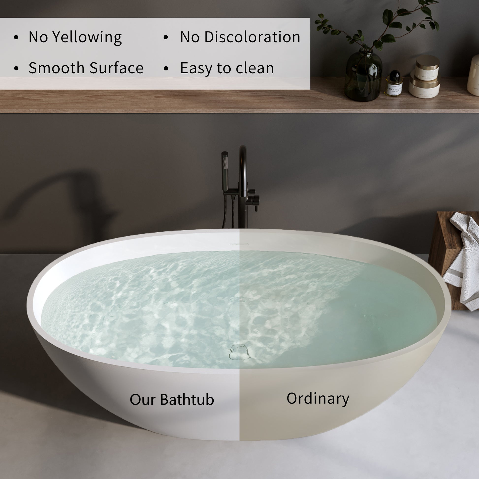 Sleek white freestanding bathtub with clear water highlighting its smooth nonyellowing surface