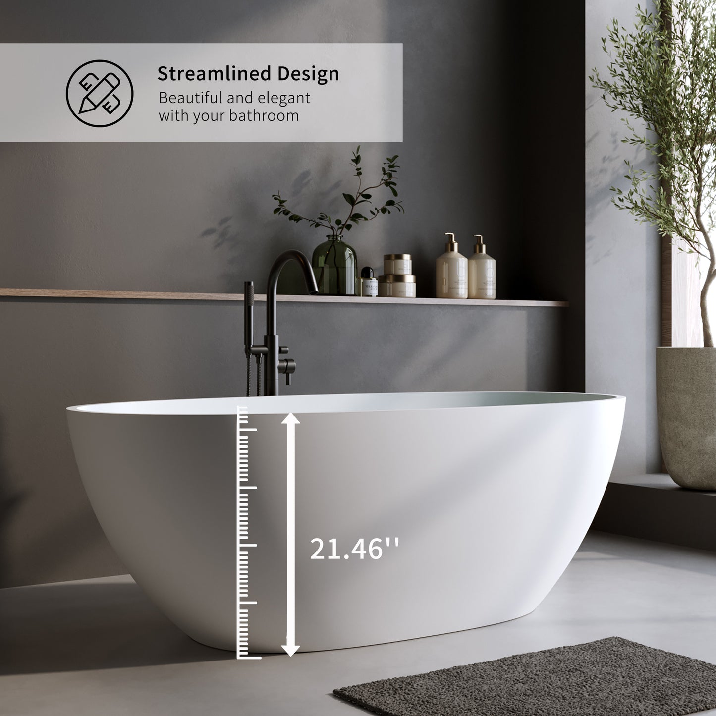 Modern white oval freestanding bathtub with a sleek matte black faucet  inches tall