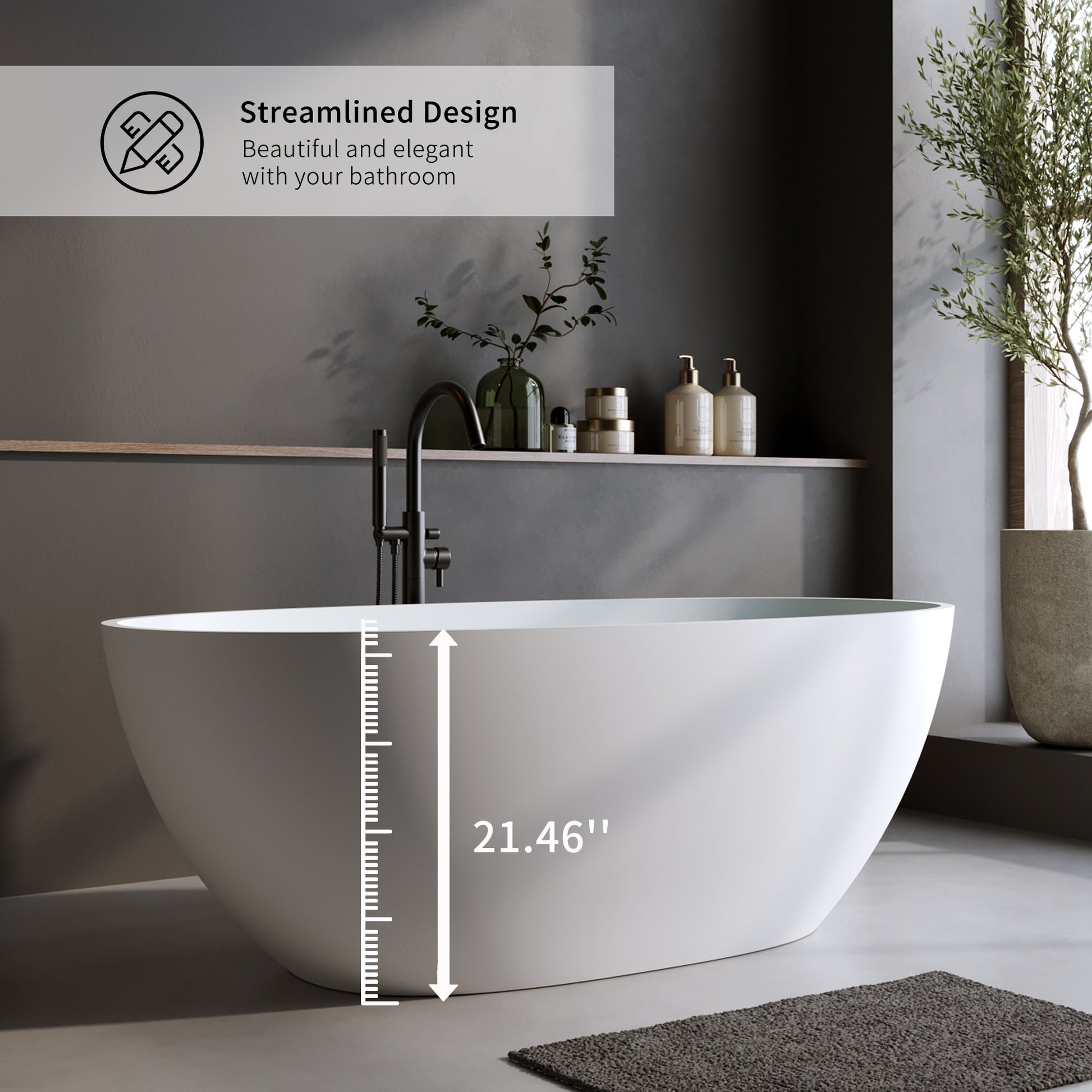 Modern white oval freestanding bathtub with a sleek matte black faucet  inches tall