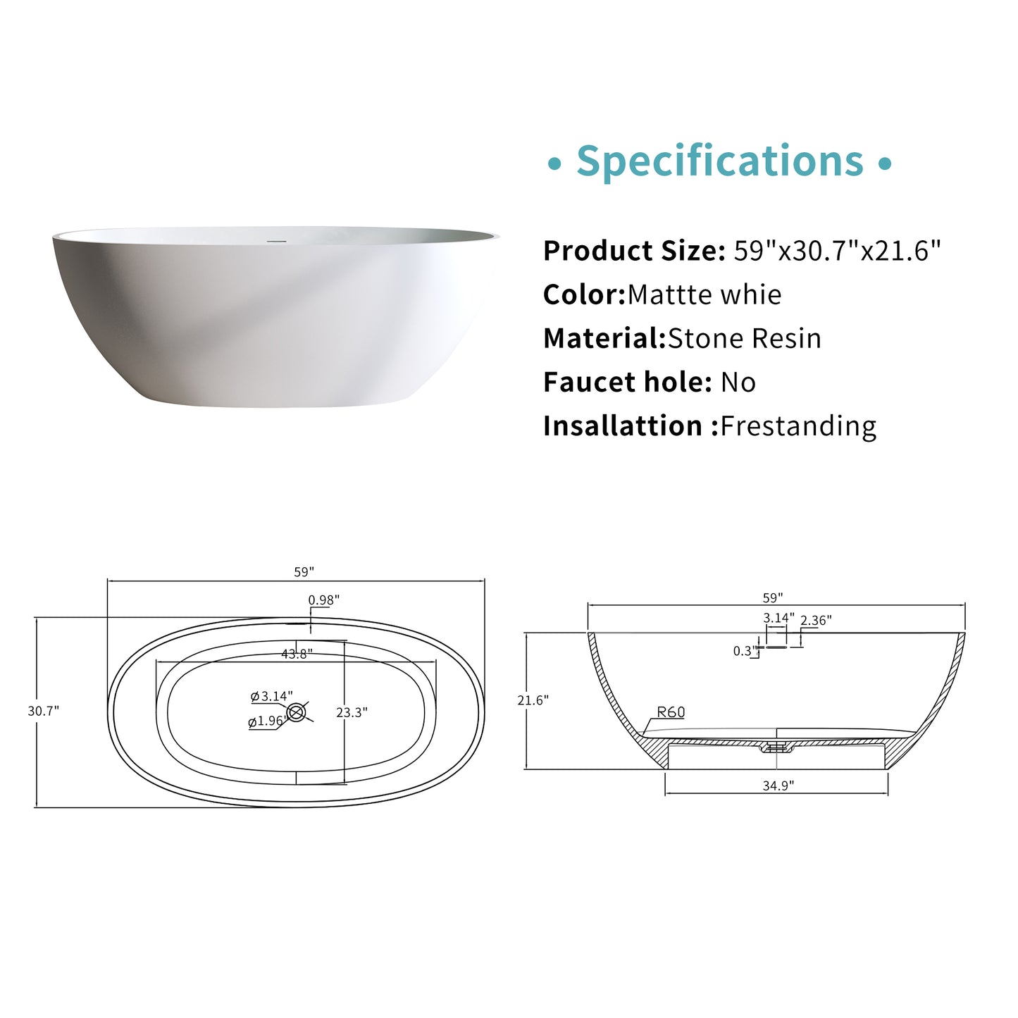 Freestanding matte white stone resin bathtub  L x  W x  H