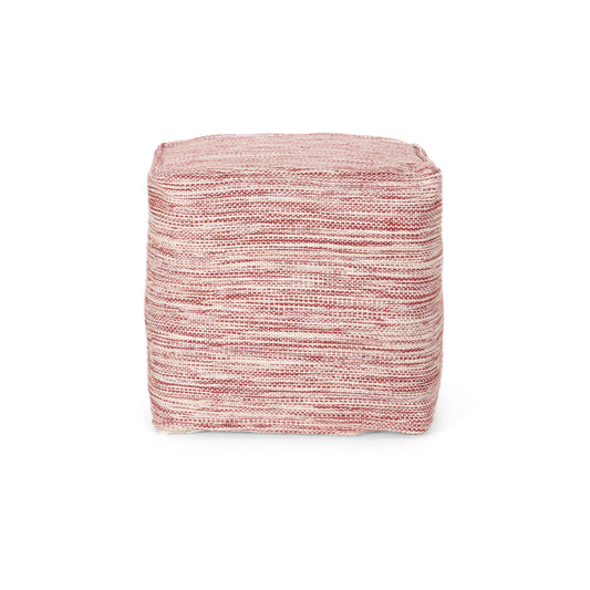 Square woven pouf in cream and red yarn texture versatile accent furniture