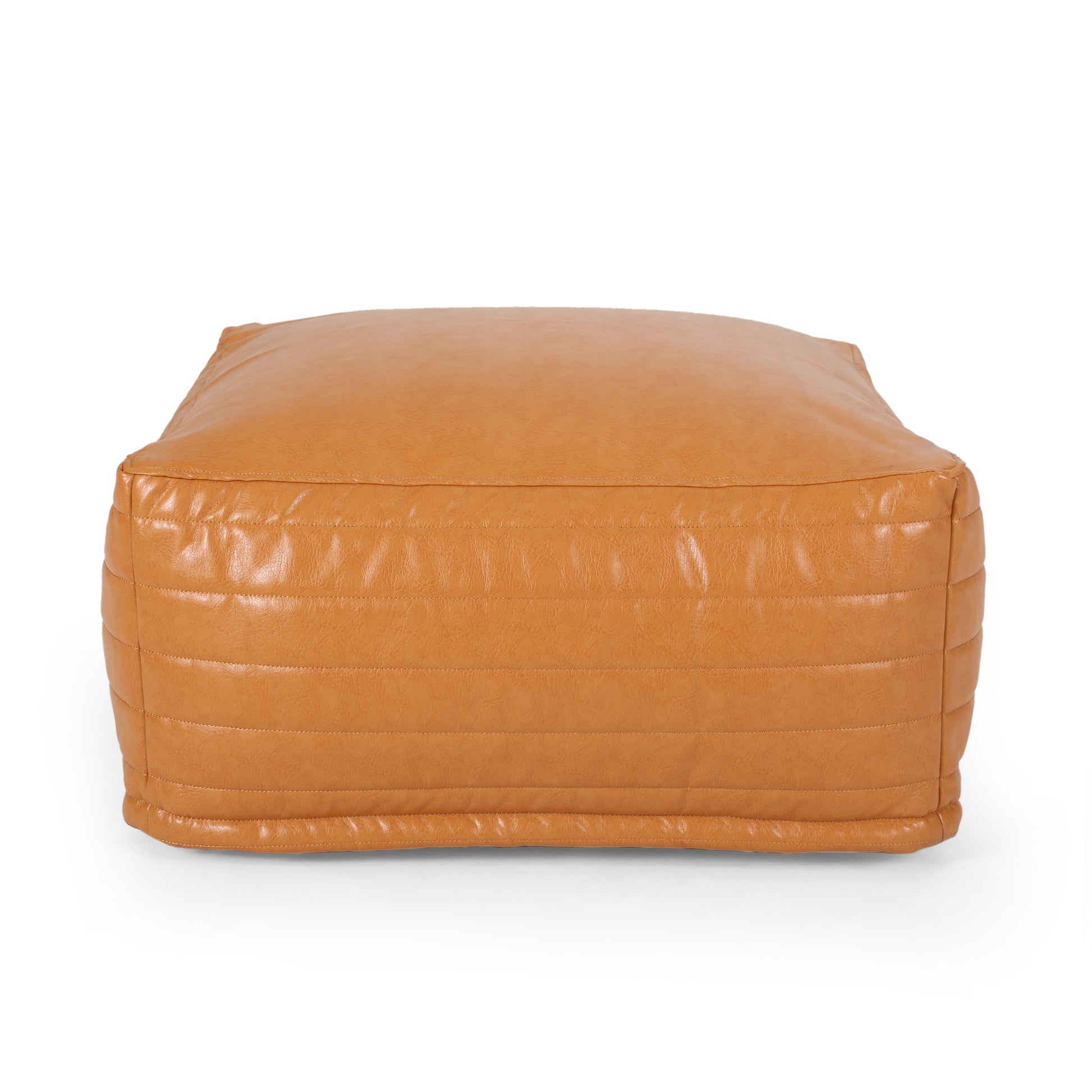 Tan faux leather square ottoman with horizontal stitching detail