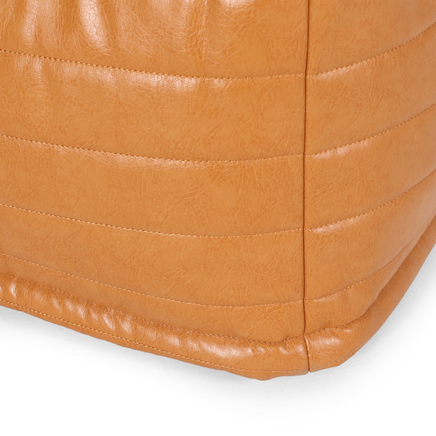 Brown faux leather ottoman with horizontal stitching detail