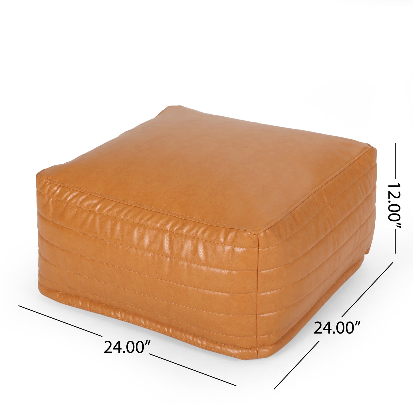 Tan leather square ottoman with stitched detailing and dimensions shown