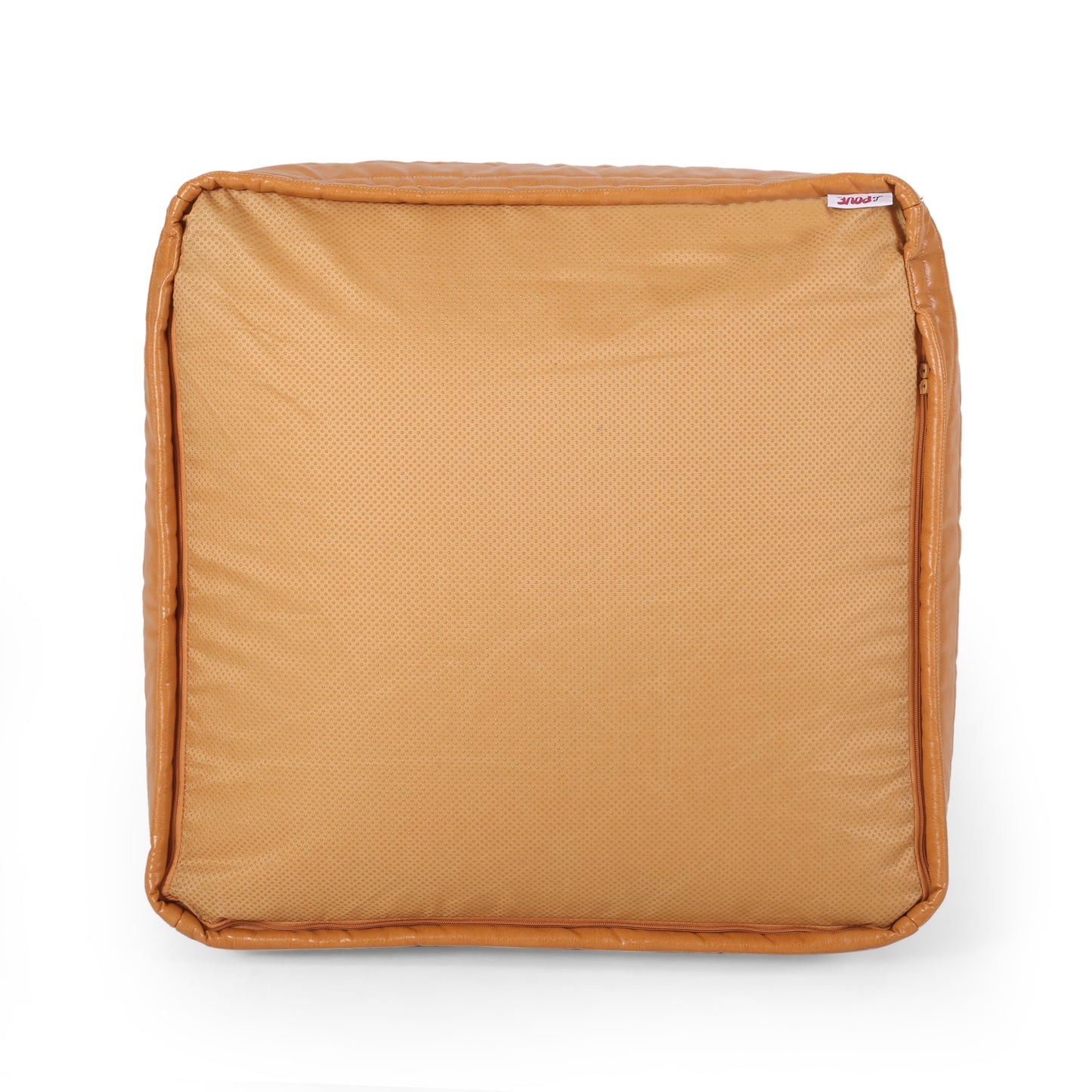 Tan faux leather ottoman with textured fabric cushion and visible zipper