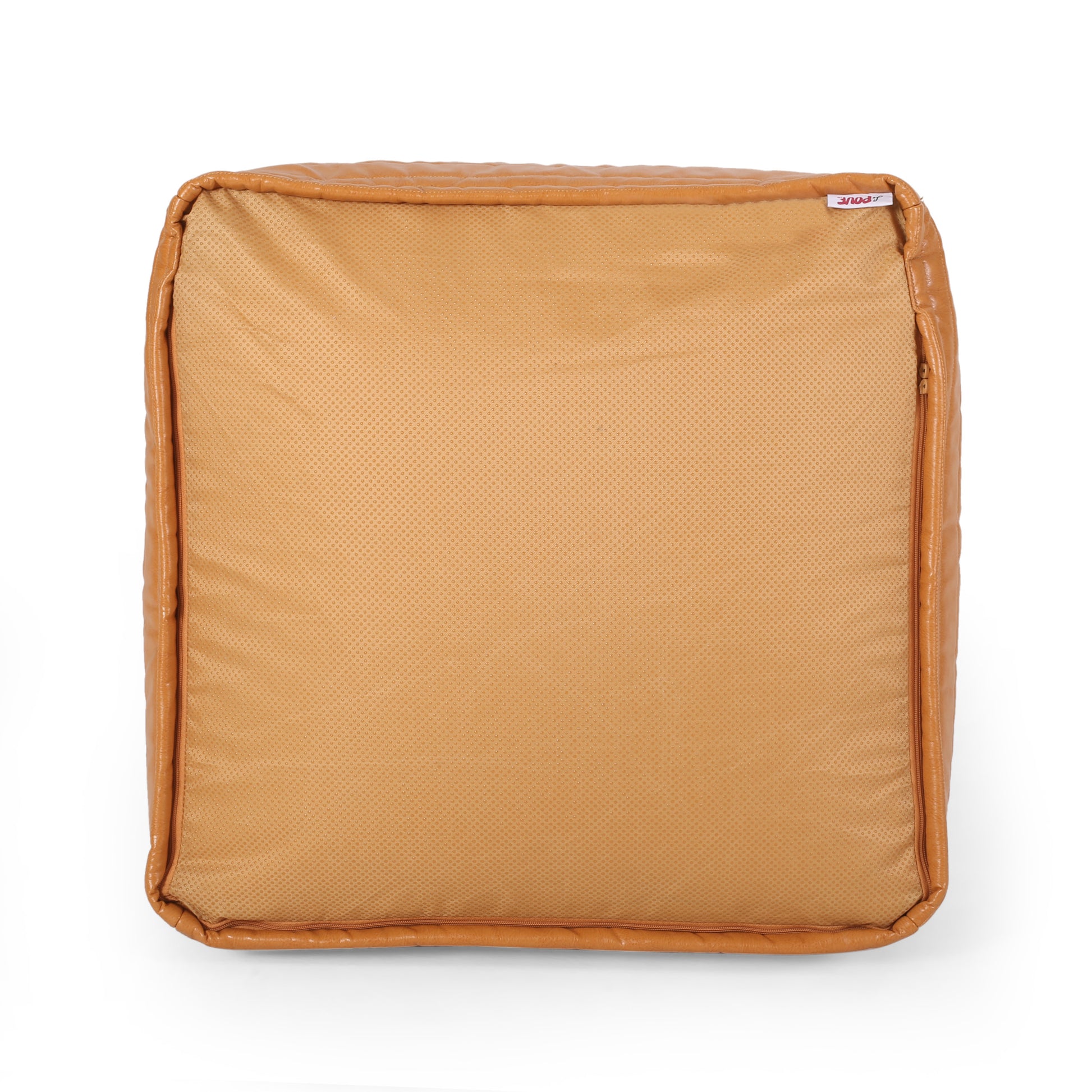 Tan faux leather ottoman with textured fabric cushion and visible zipper