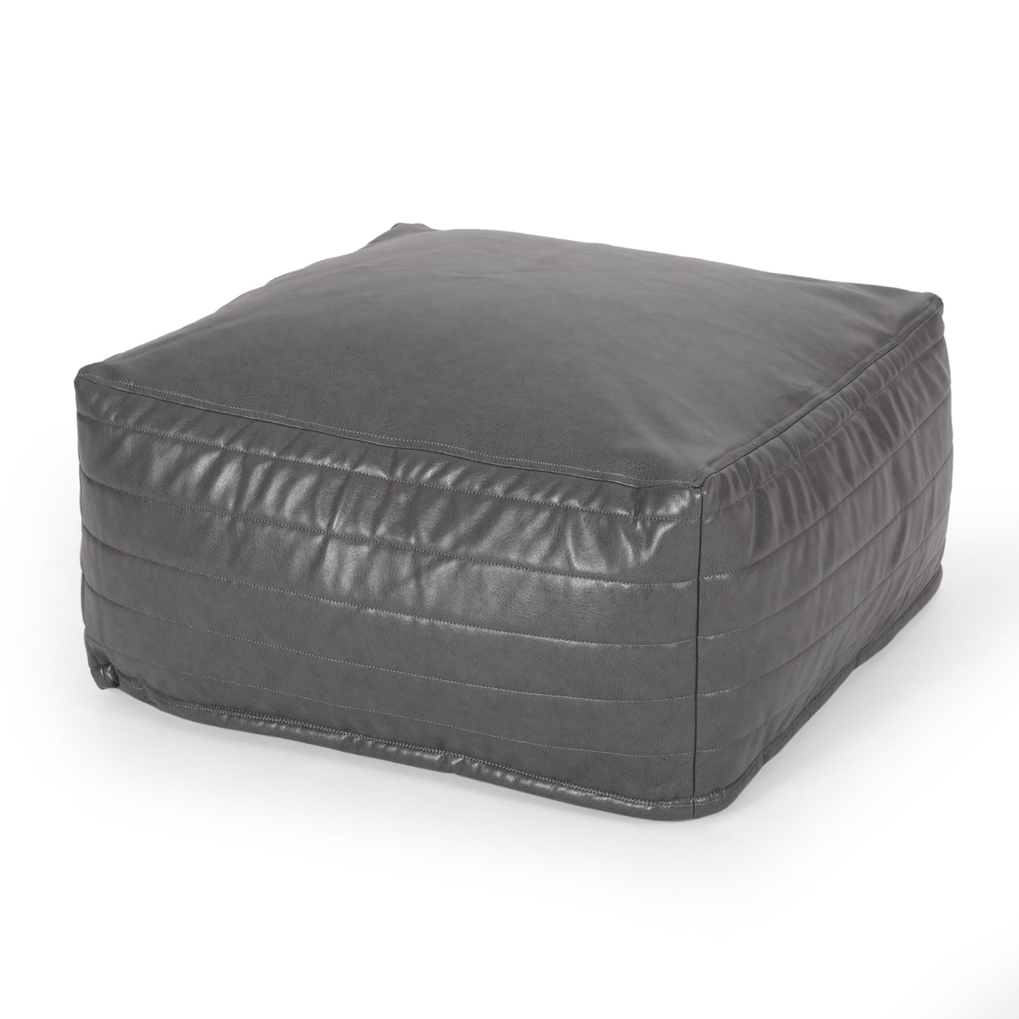 Square grey faux leather ottoman with stitched detailing and plush seating