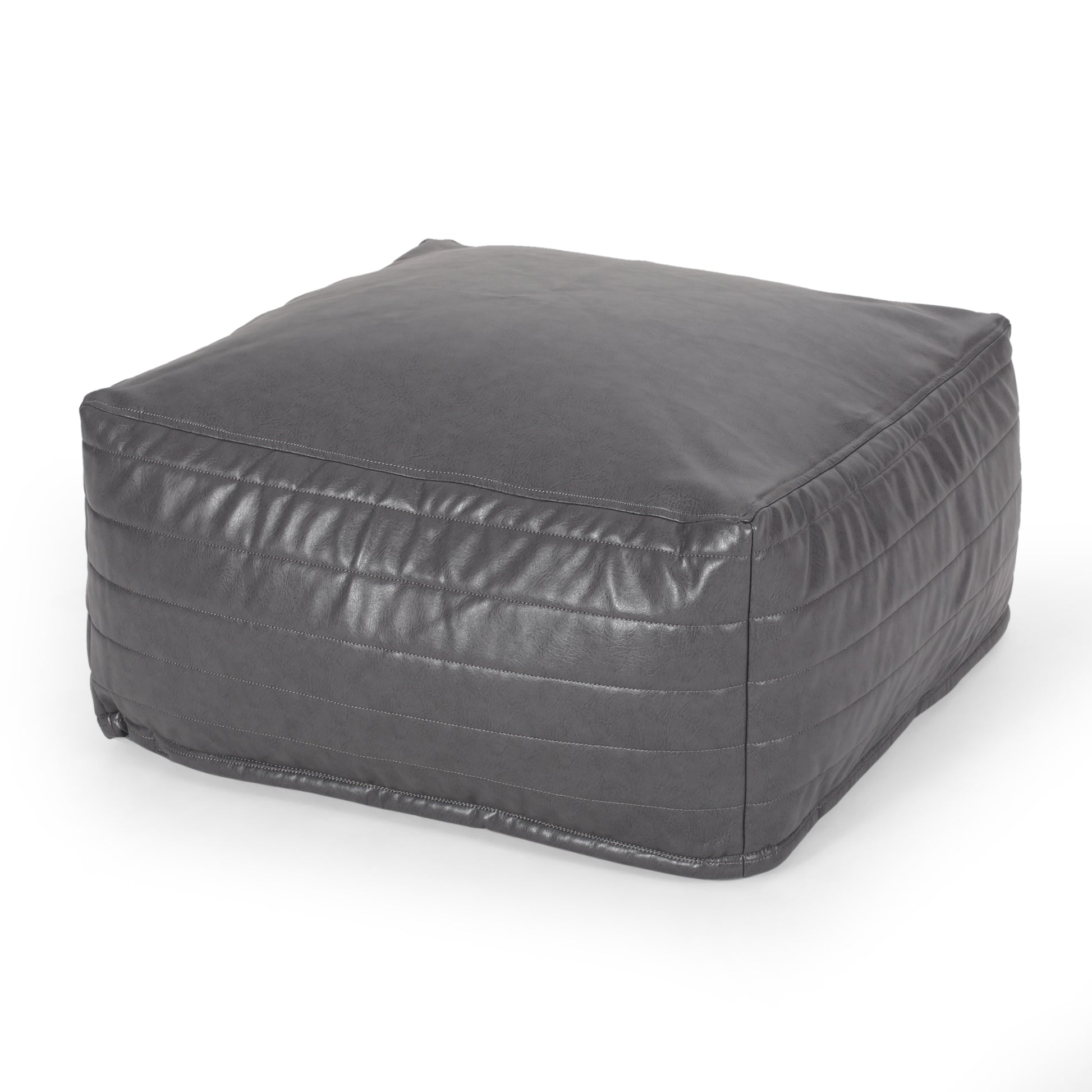 Square grey faux leather ottoman with stitched detailing and plush seating