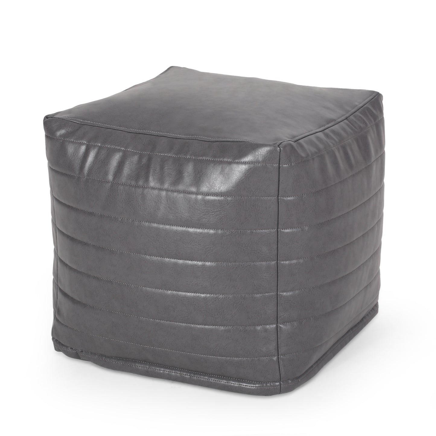 Quilted grey faux leather cube ottoman with stitched panel detail