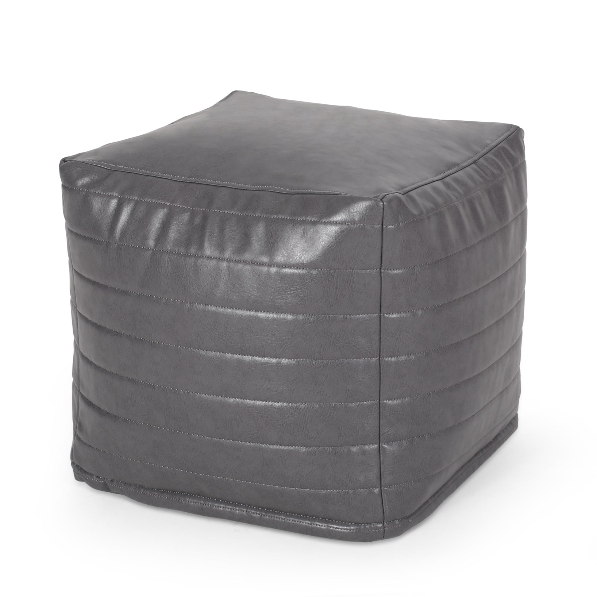 Quilted grey faux leather cube ottoman with stitched panel detail