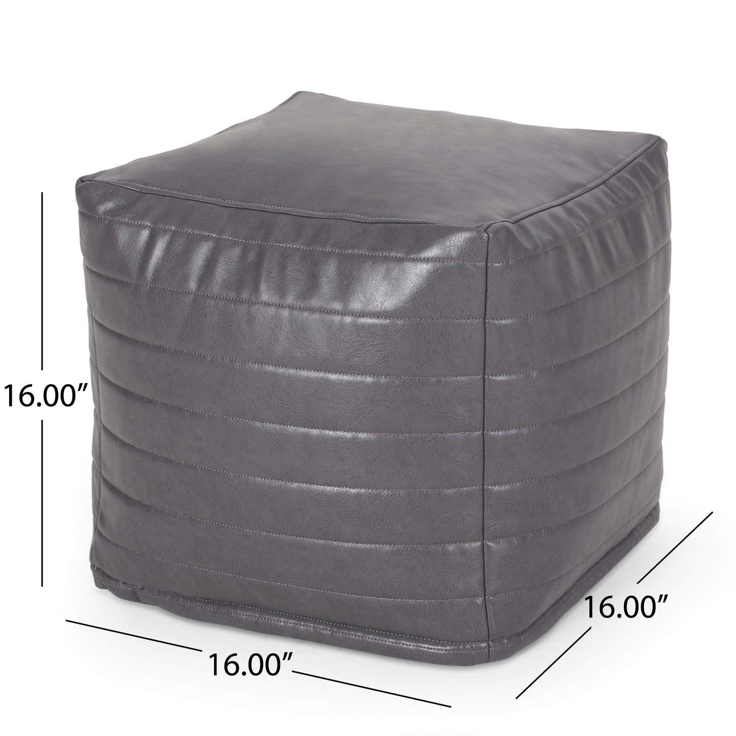 Quilted charcoal faux leather ottoman with stitched detailing inch square