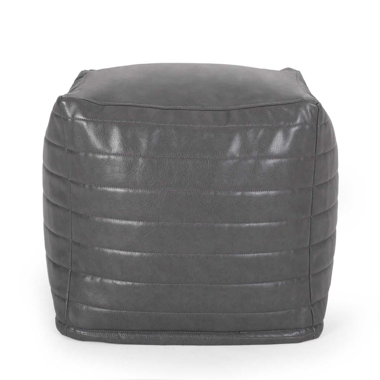 Quilted dark grey faux leather ottoman with stitched detail