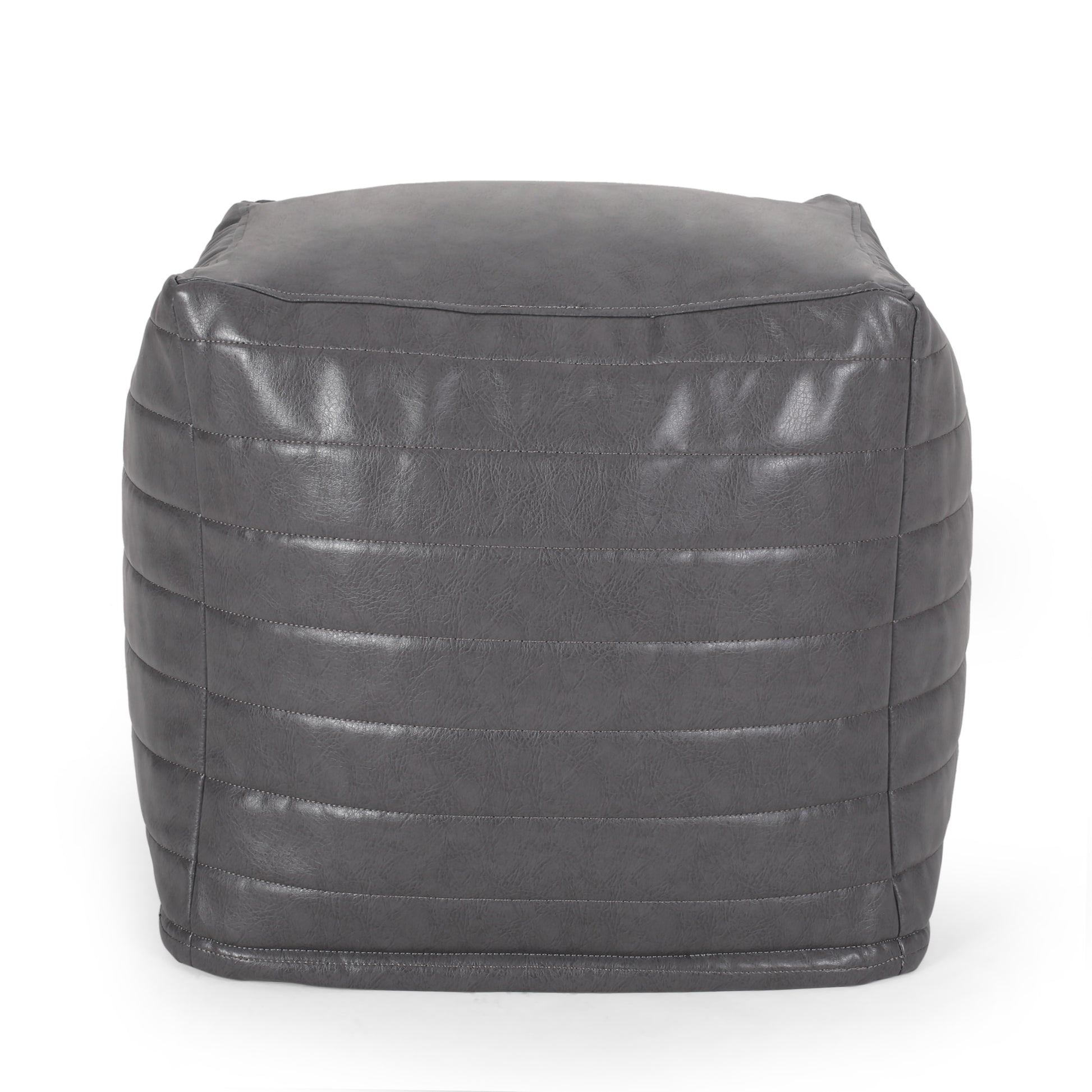 Quilted dark grey faux leather ottoman with stitched detail