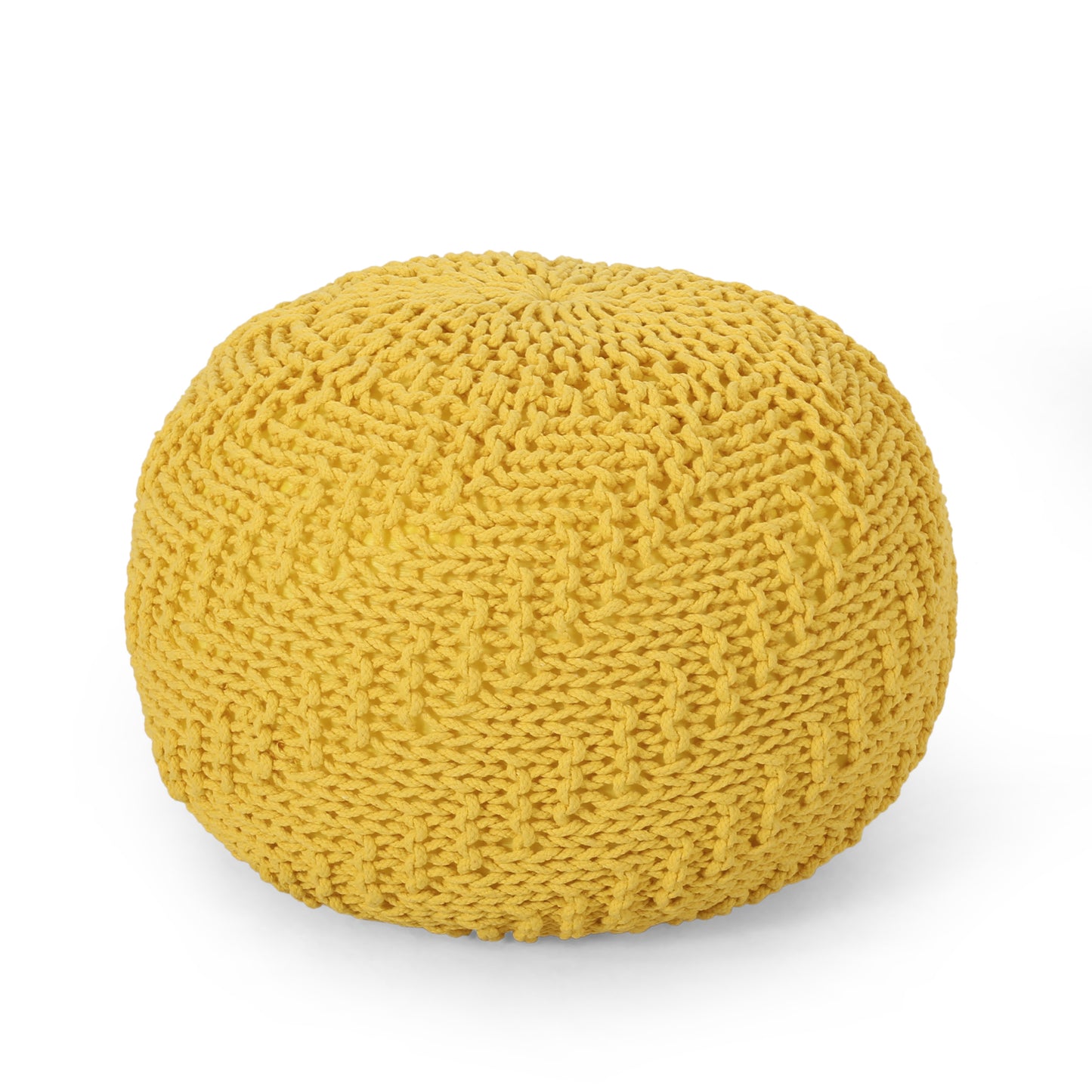 Yellow knitted pouf with chunky yarn texture perfect for footrest