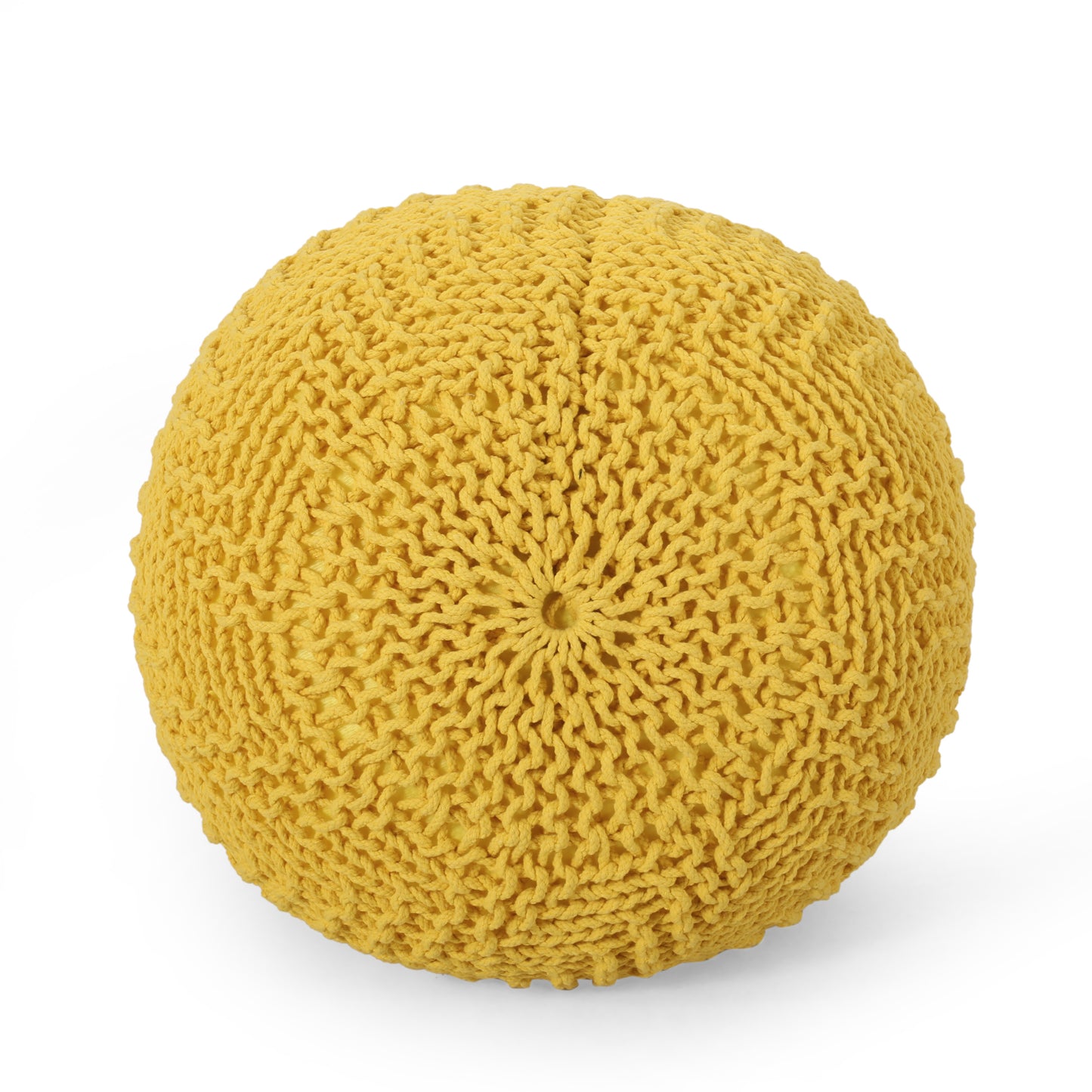 Yellow chunky knit floor pouf with textured rope detail for comfortable seating