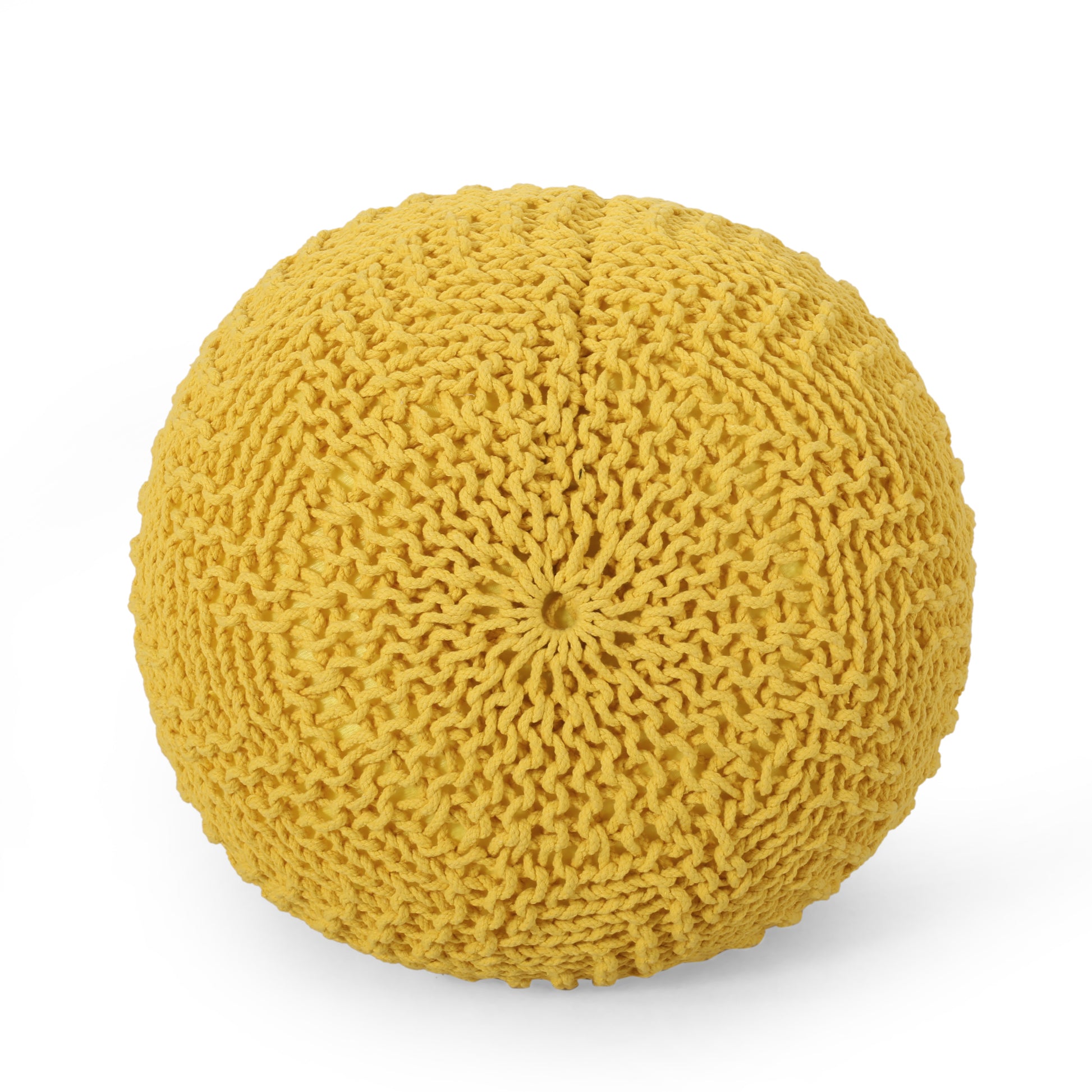 Yellow chunky knit floor pouf with textured rope detail for comfortable seating