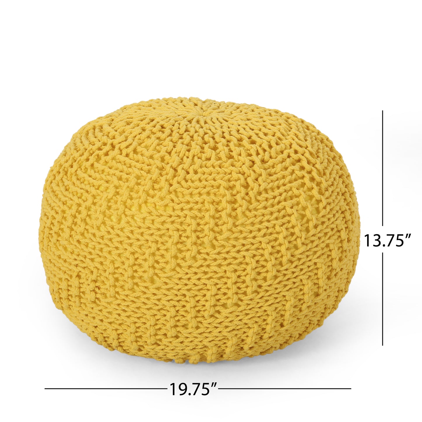 Yellow knit pouf with textured stitch pattern ideal as footrest or extra seating