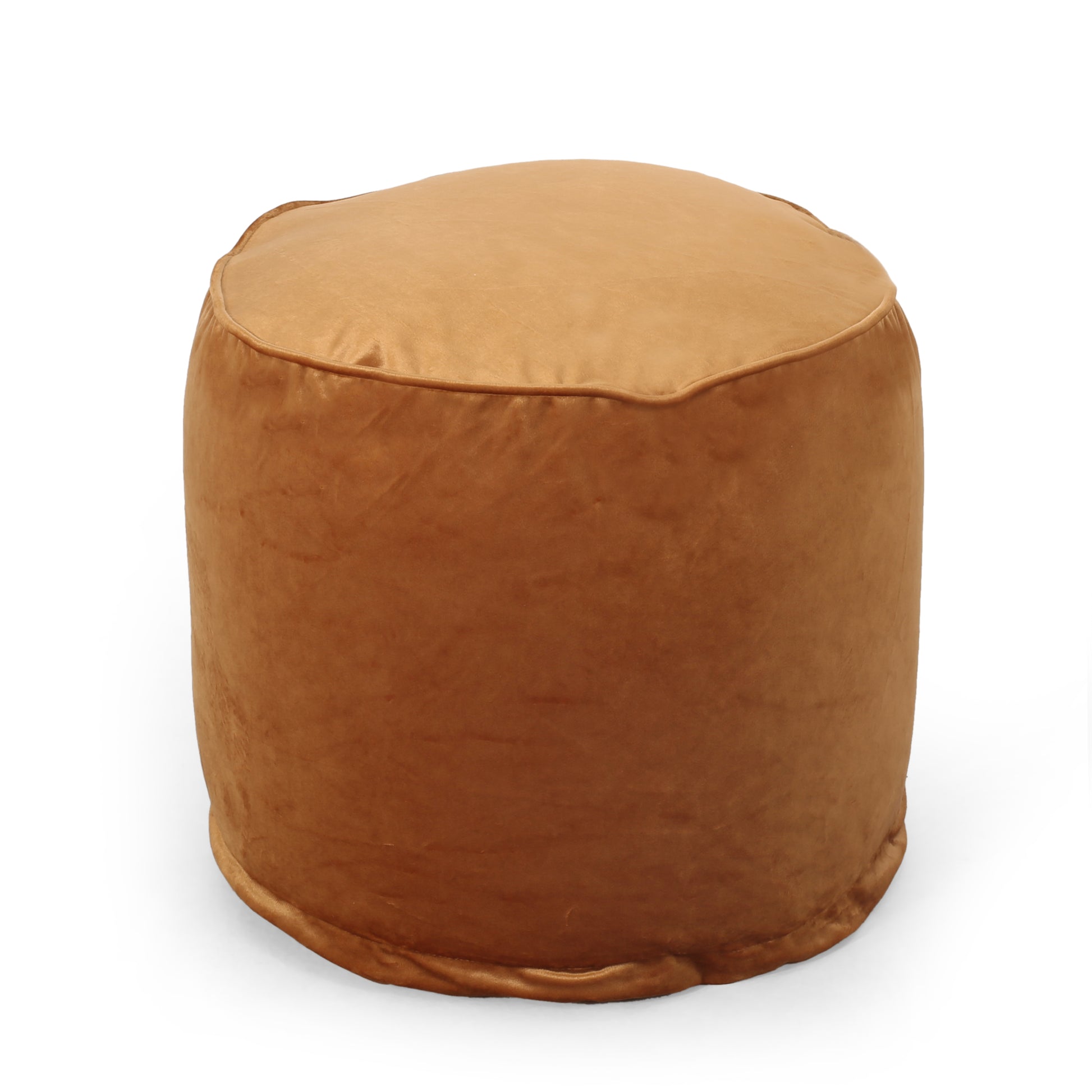 Round bronze velvet ottoman with piped edges perfect for footrest or seat