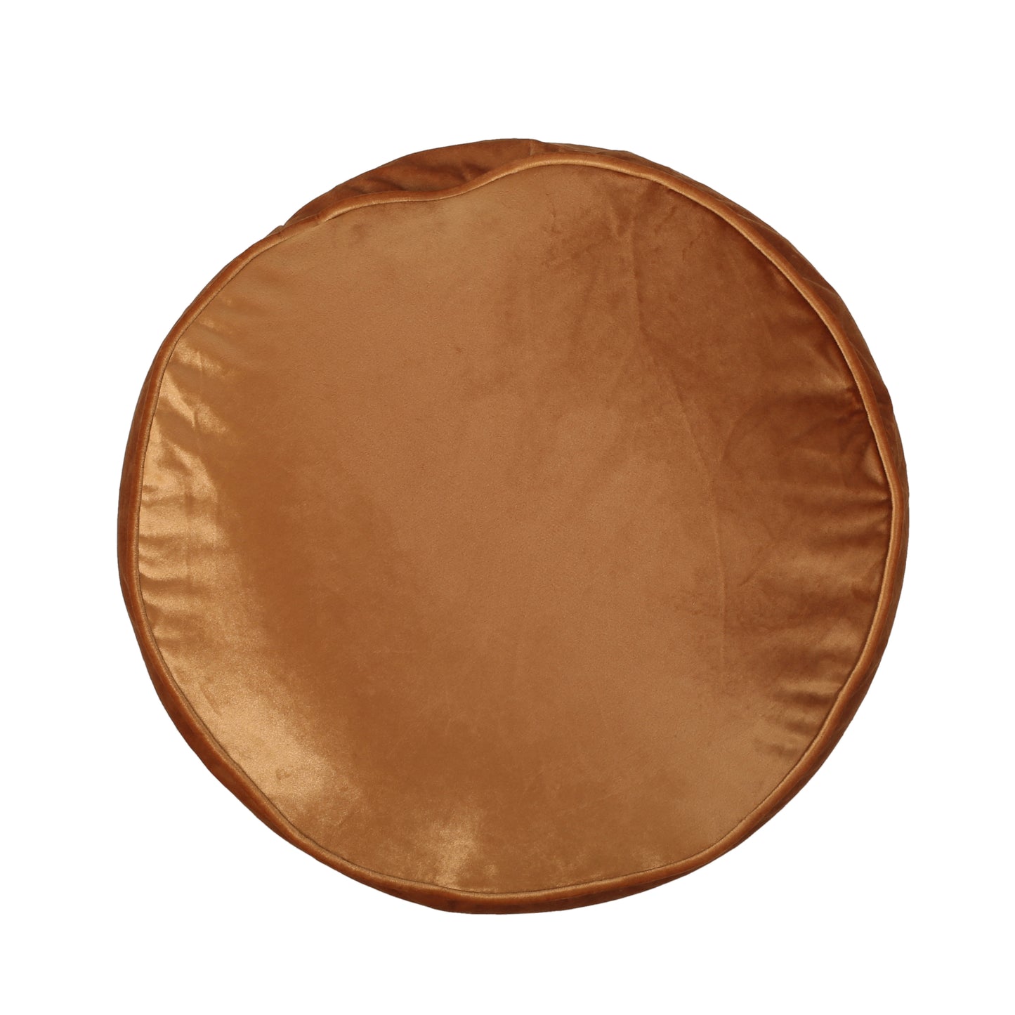 Round tan velvet cushion with piped edge for cozy seating