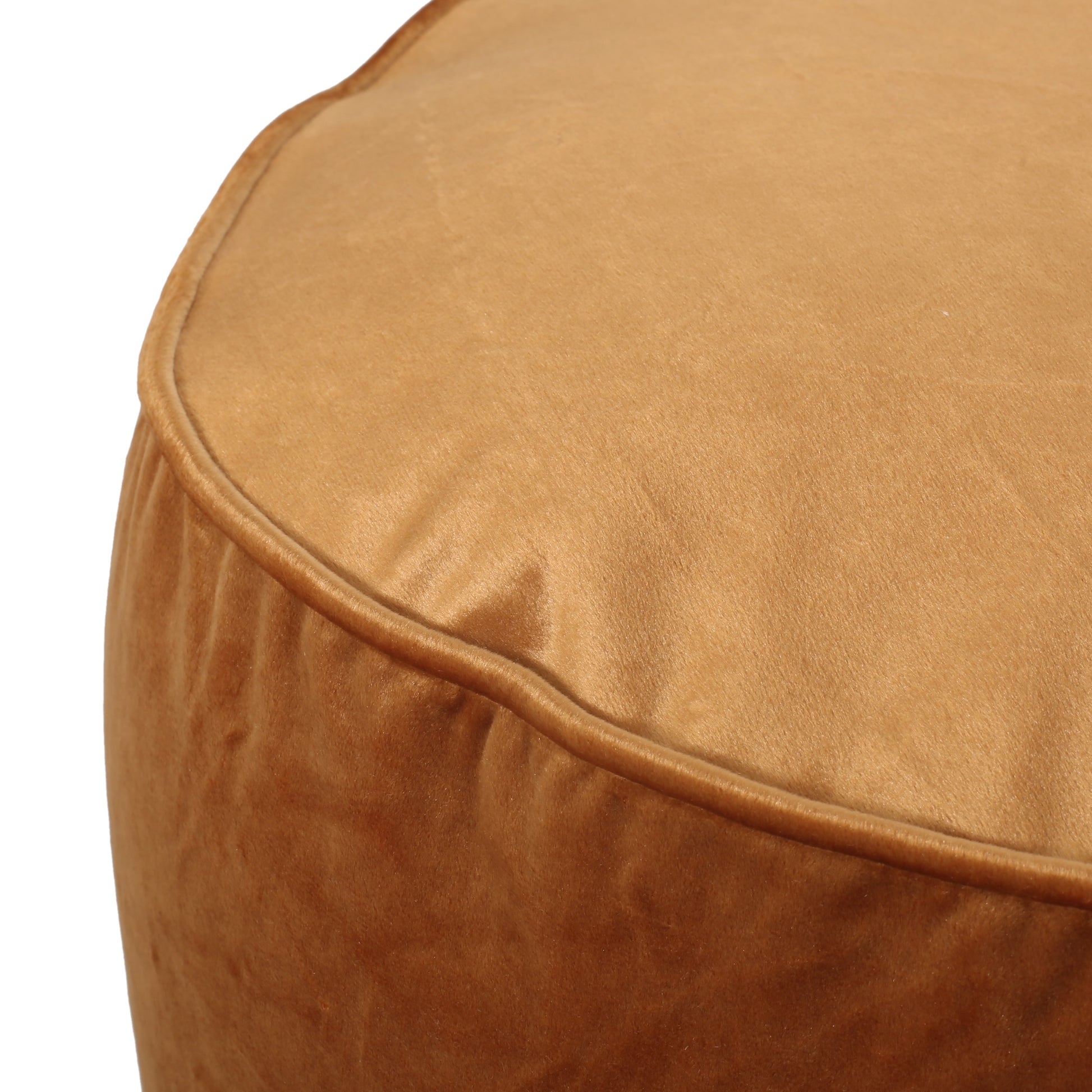 Plush caramel velvet round ottoman with elegant piping detail