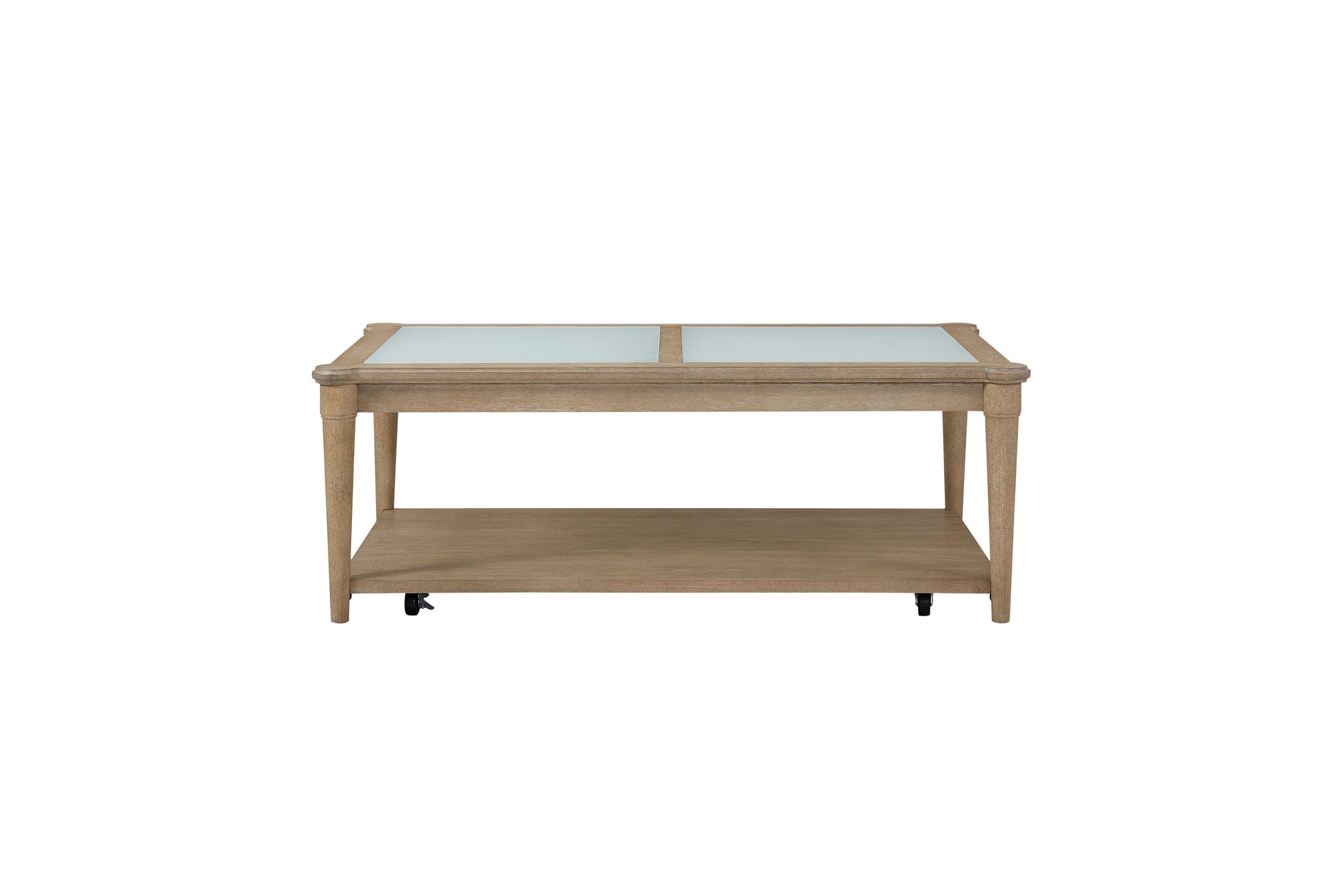 Weathered oak coffee table with frosted glass top and lower shelf on wheels