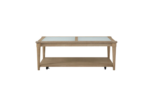 Weathered oak coffee table with frosted glass top and lower shelf on wheels