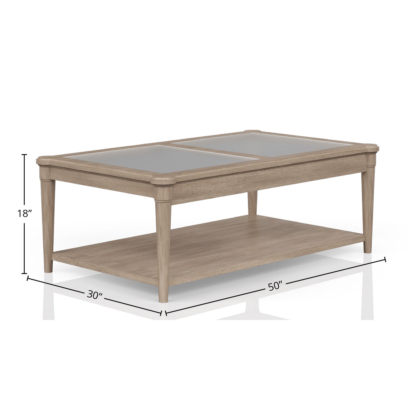 Light oak wood coffee table with dual glass tops and lower shelf