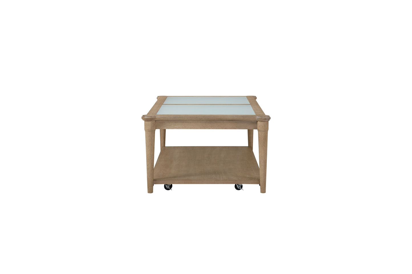 Light oak coffee table with frosted glass top and lower shelf on casters