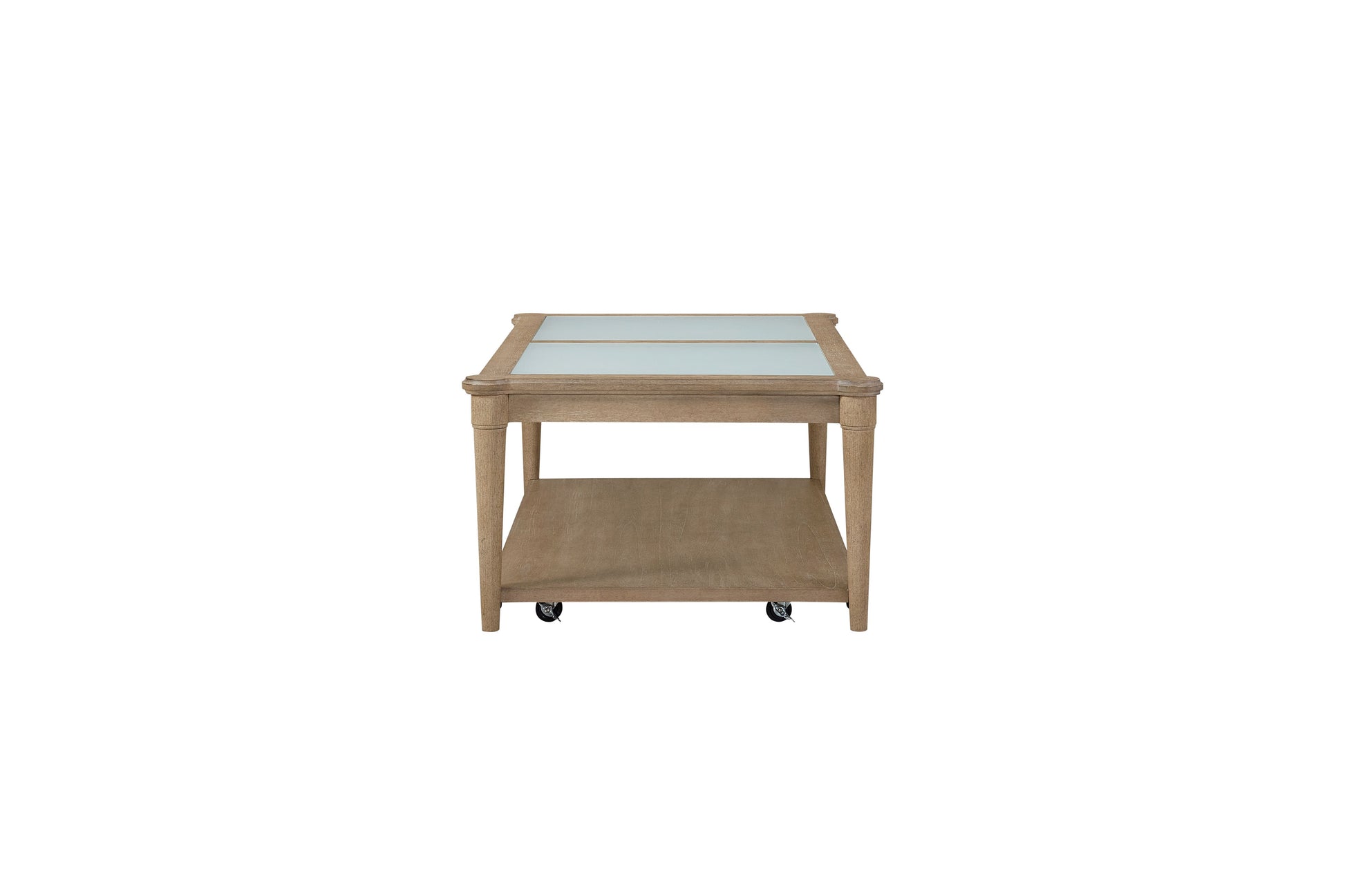Light oak coffee table with frosted glass top and lower shelf on casters