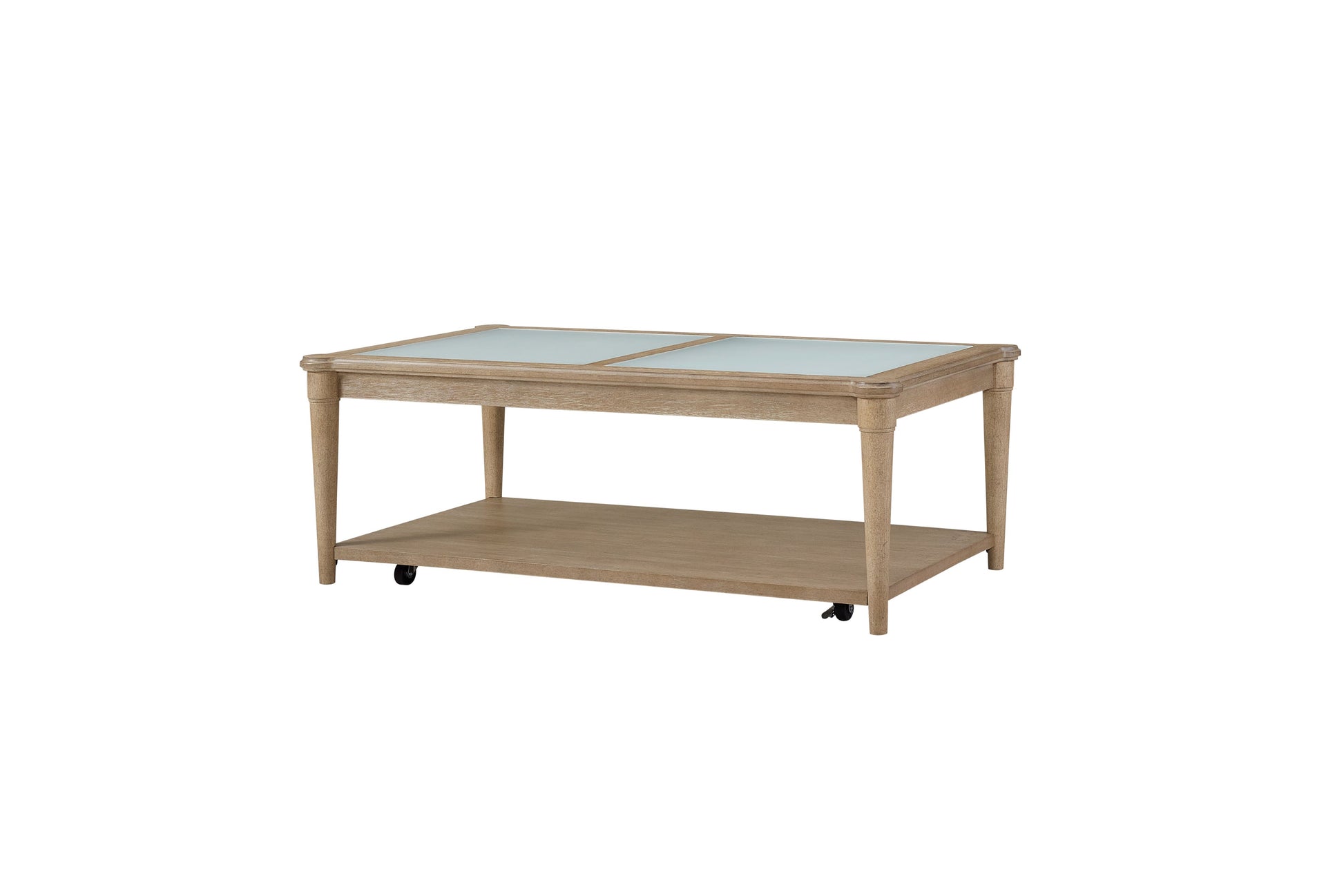 Light oak wood coffee table with frosted glass top and lower shelf on casters
