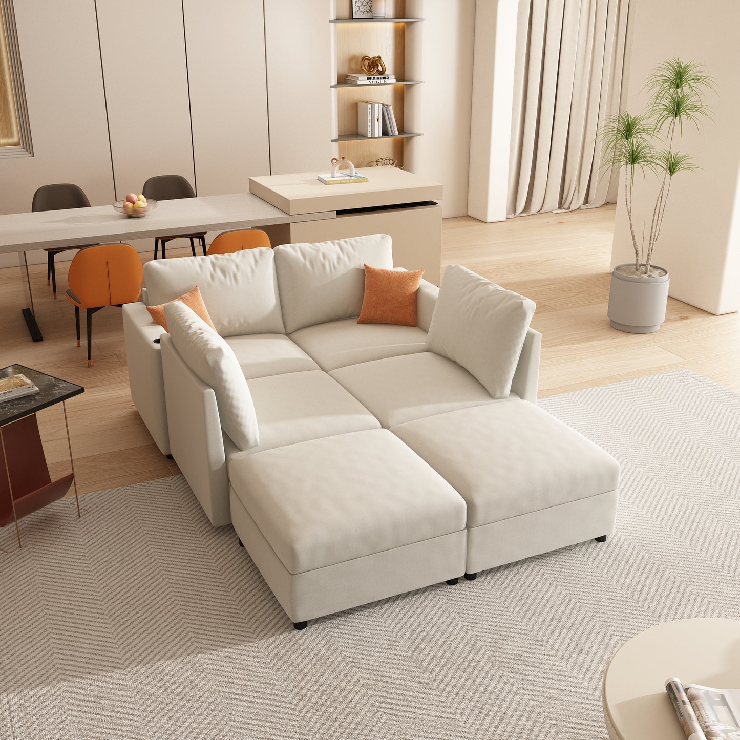 Plush cream modular sectional sofa with orange accent pillows perfect for modern living rooms