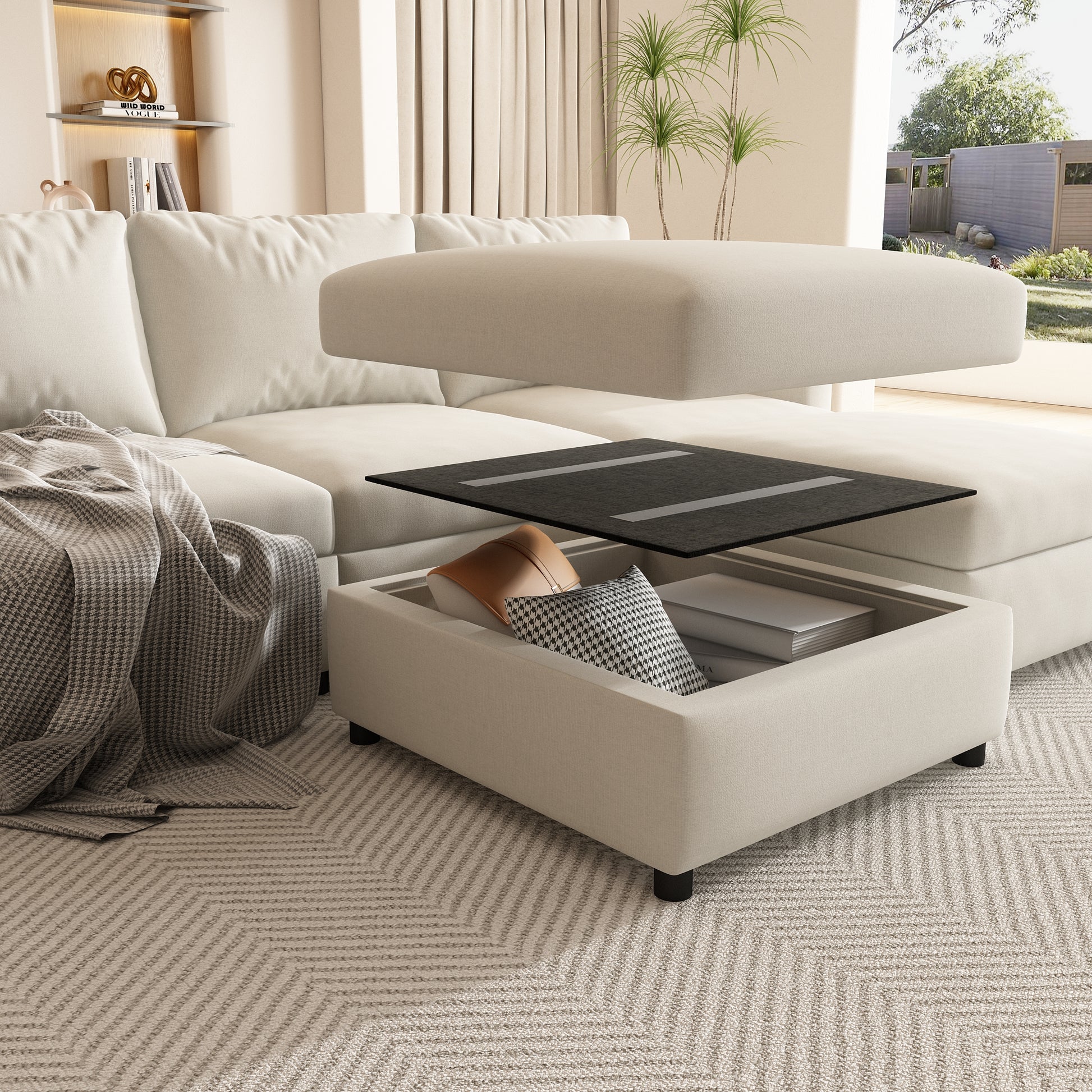 Beige sectional sofa with lifttop storage ottoman perfect for modern living rooms