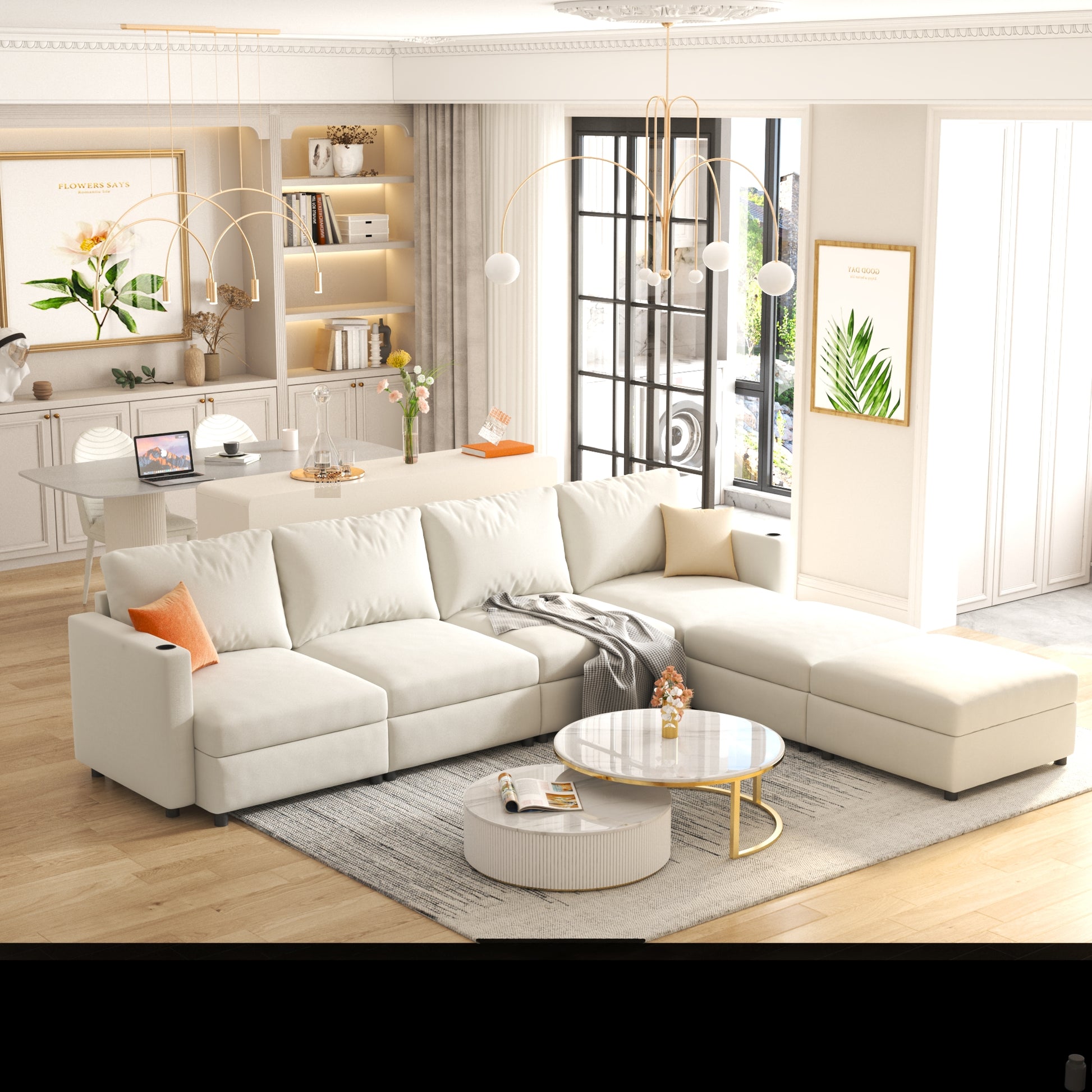 Cream sectional sofa with chaise featuring integrated cup holders perfect for living rooms