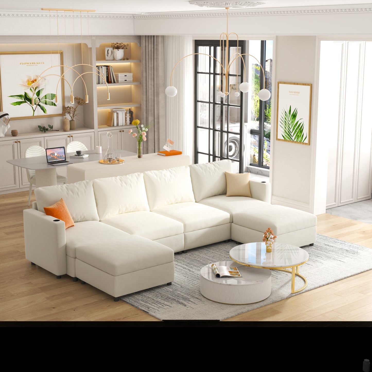 Luxurious cream modular sectional sofa with plush cushions and convenient cup holders