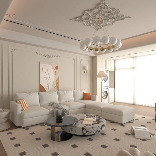 Large sectional sofa in cream fabric with orange and striped throw pillows for a modern living room